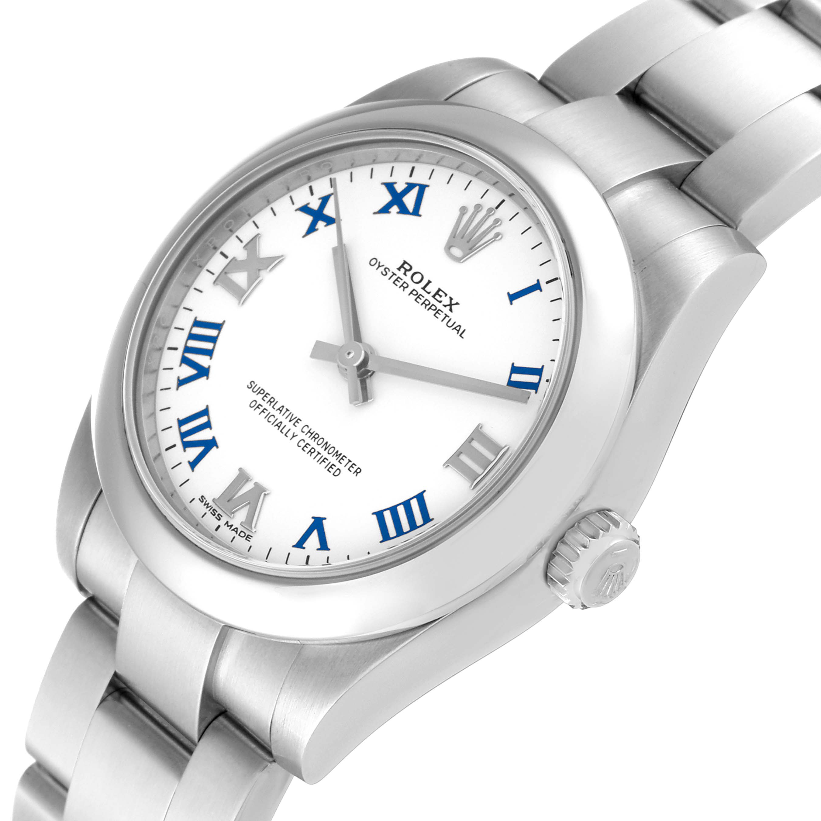 This image shows a close-up, three-quarter view of a Rolex Oyster Perpetual Mid-Size watch, highlighting the dial, crown, case, and bracelet.