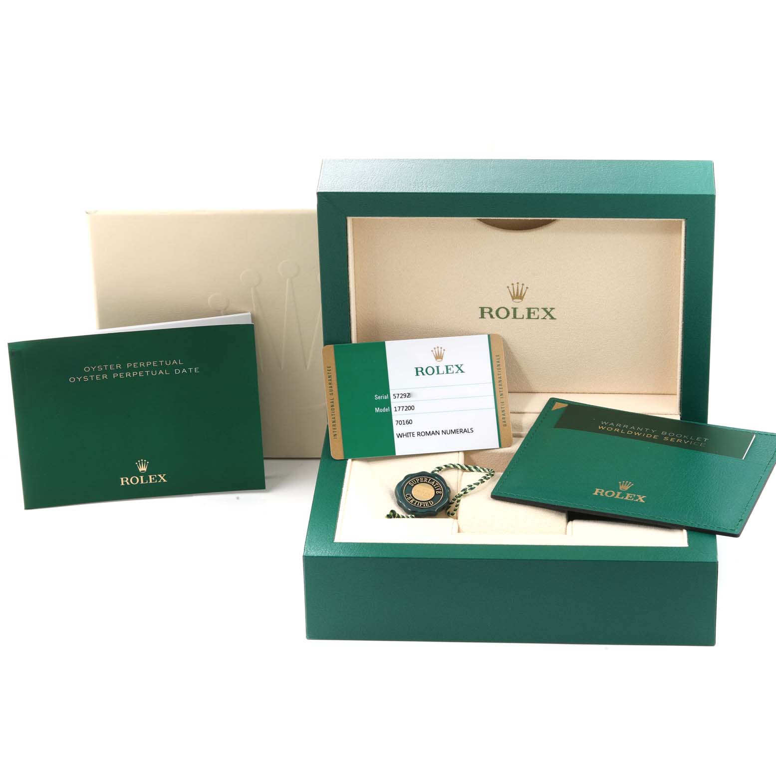 The image shows the packaging, warranty booklet, tags, and Best Quality
ation card for a Mid-Size Rolex watch.