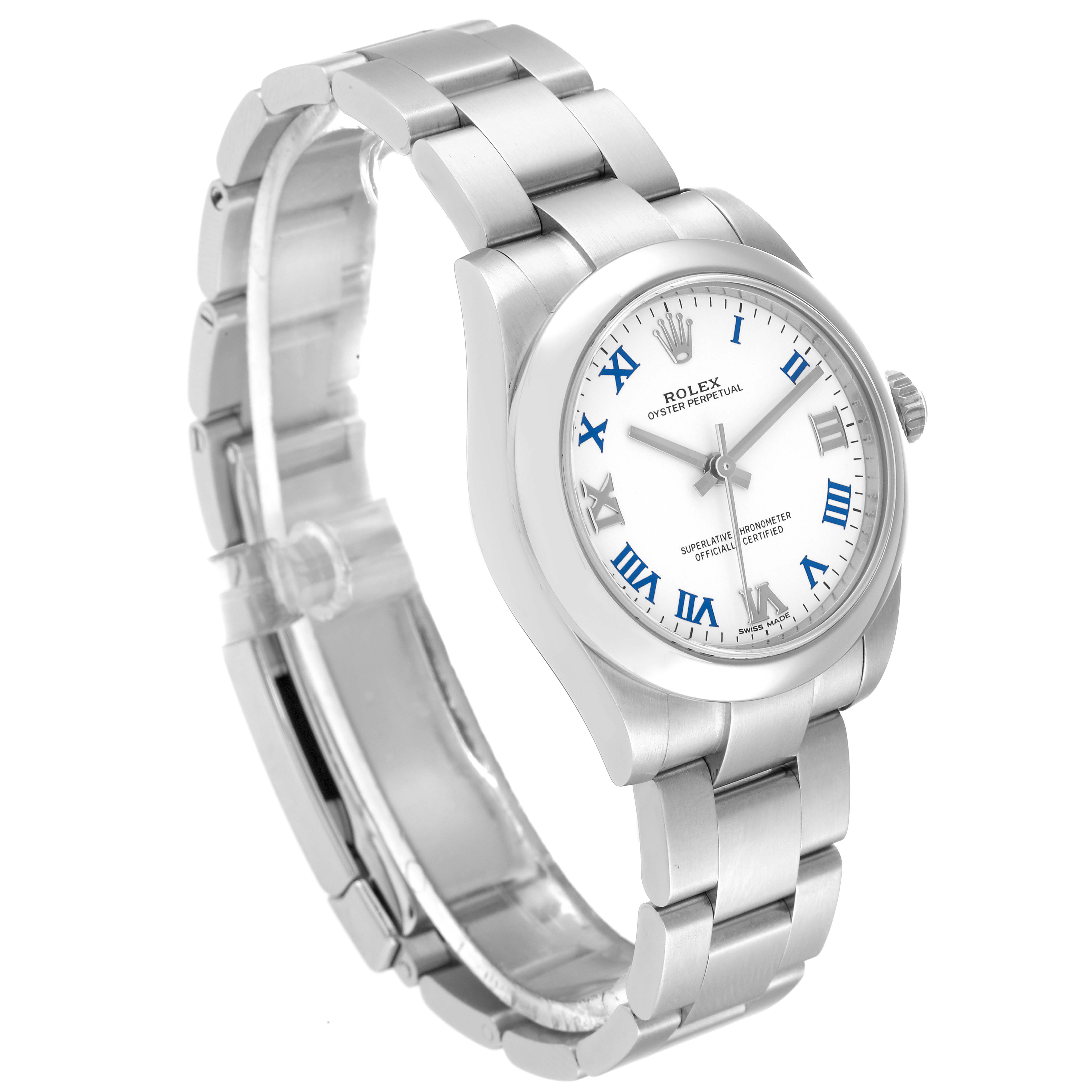 The image shows a Mid-Size Rolex Oyster Perpetual watch, viewed from a front angle clearly displaying its face, bezel, and bracelet.