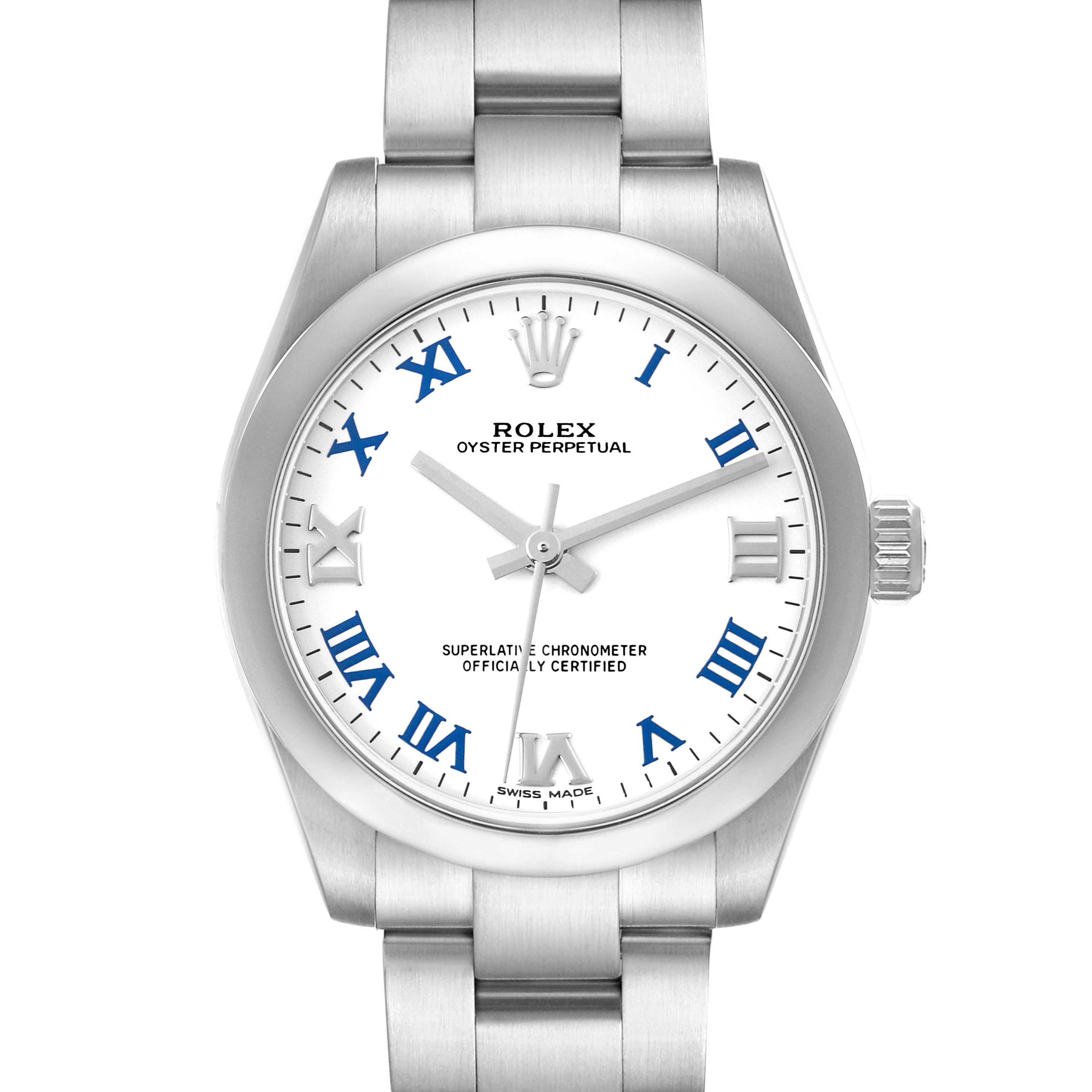 This image shows a front view of a Rolex Oyster Perpetual Mid-Size watch, highlighting its dial, crown, and stainless steel bracelet.