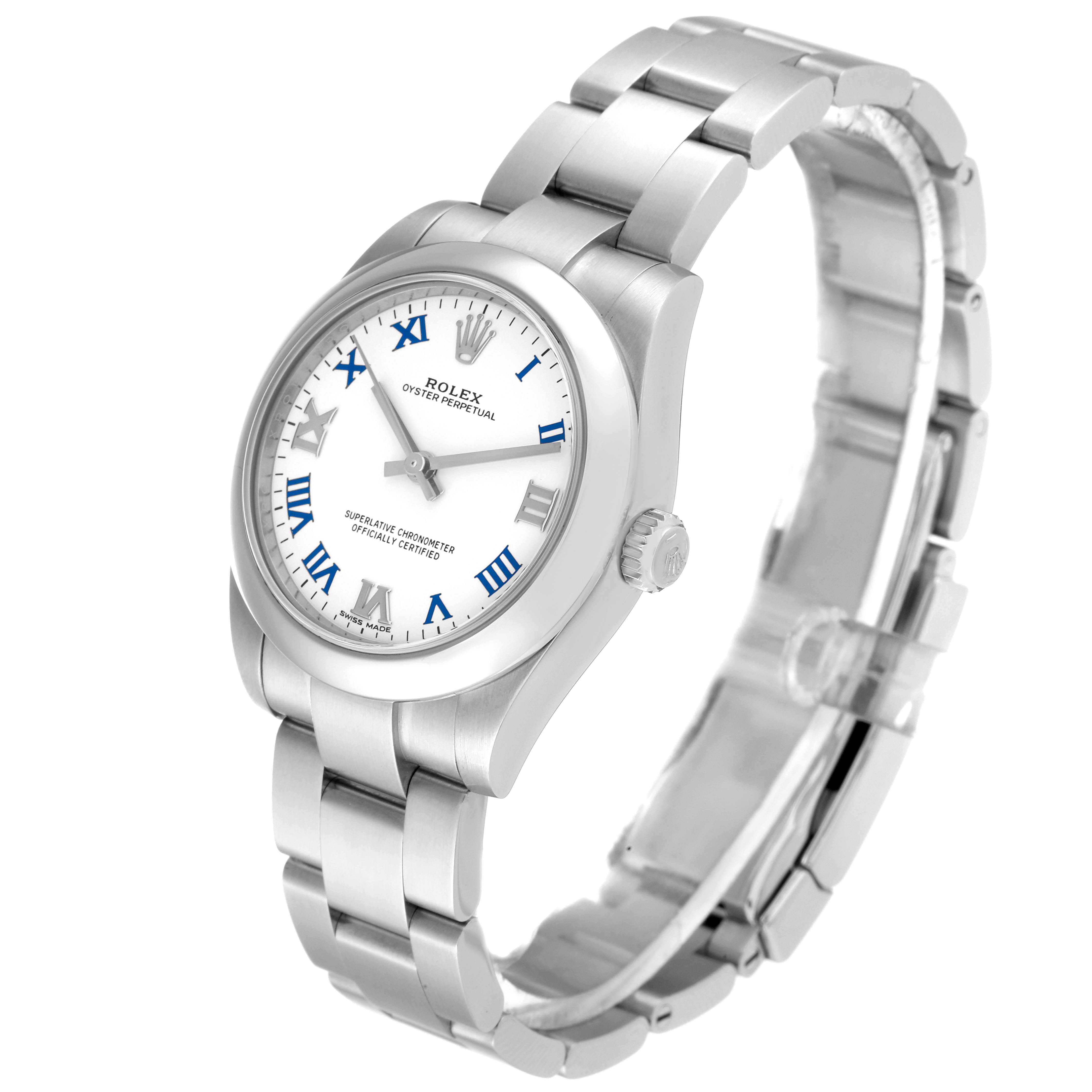 The image shows a Rolex Mid-Size 177200 Women
s Stainless Steel White Dial 177200 Women
s Stainless Steel White Dial Oyster Perpetual watch at an angled view highlighting the face, crown, and part of the bracelet.