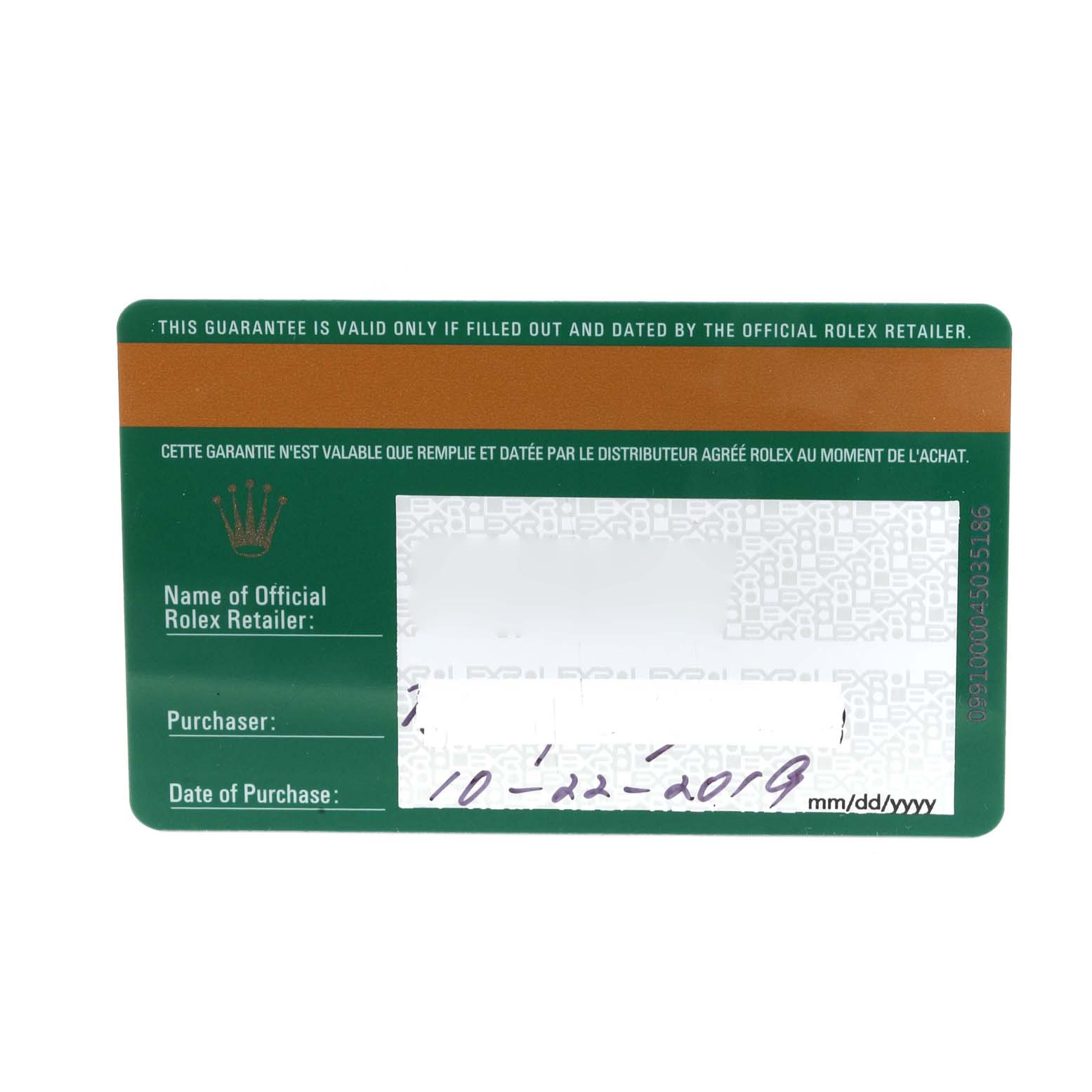 The image shows the guarantee card for a Mid-Size Rolex watch, including the retailer
s name, purchaser, and date of purchase.