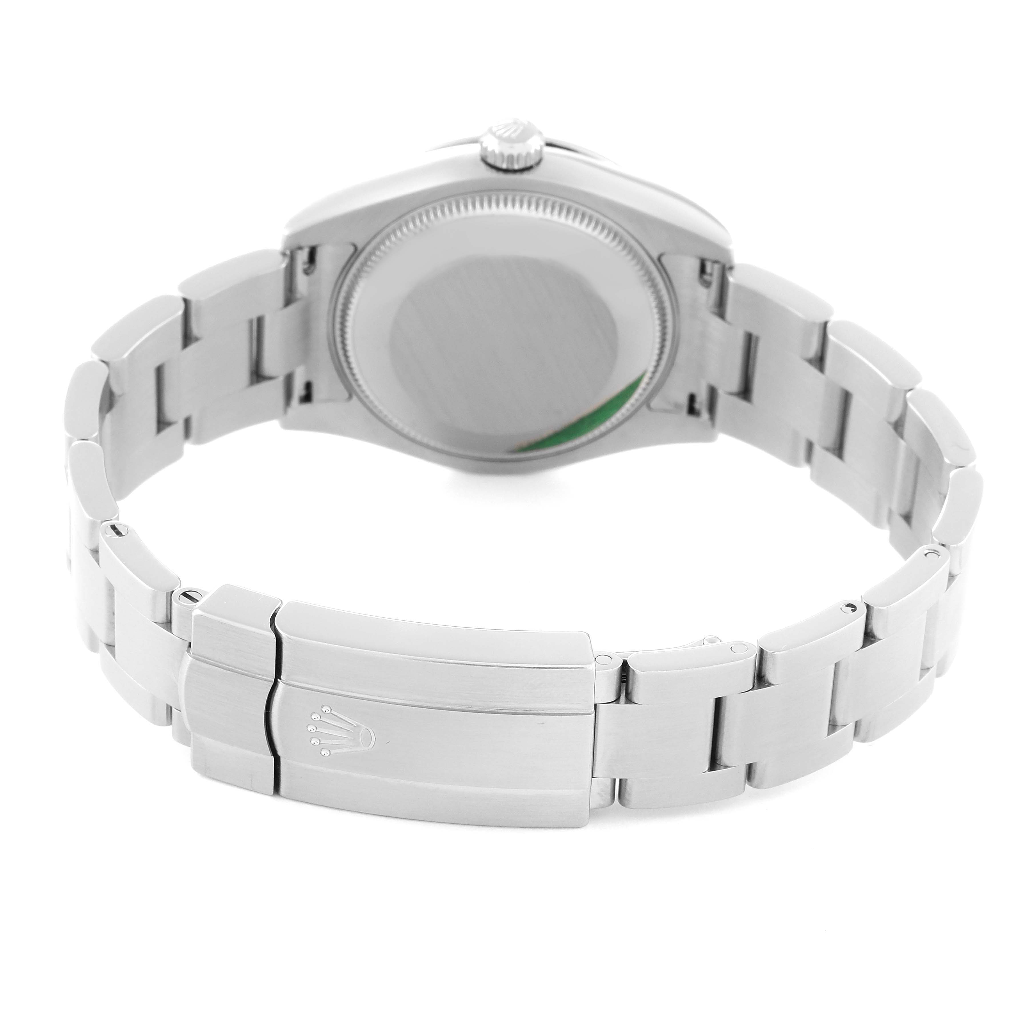 The image shows the back case and bracelet clasp of a Mid-Size Rolex watch from a rear angle.