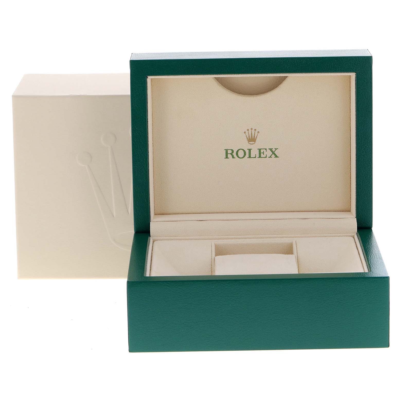 The image shows an open watch box for a Rolex Oyster Perpetual 114200 Men
s Stainless Steel Green Dial 114200 Men
s Stainless Steel Green Dial with cream interior and green exterior, displaying the Rolex logo inside.