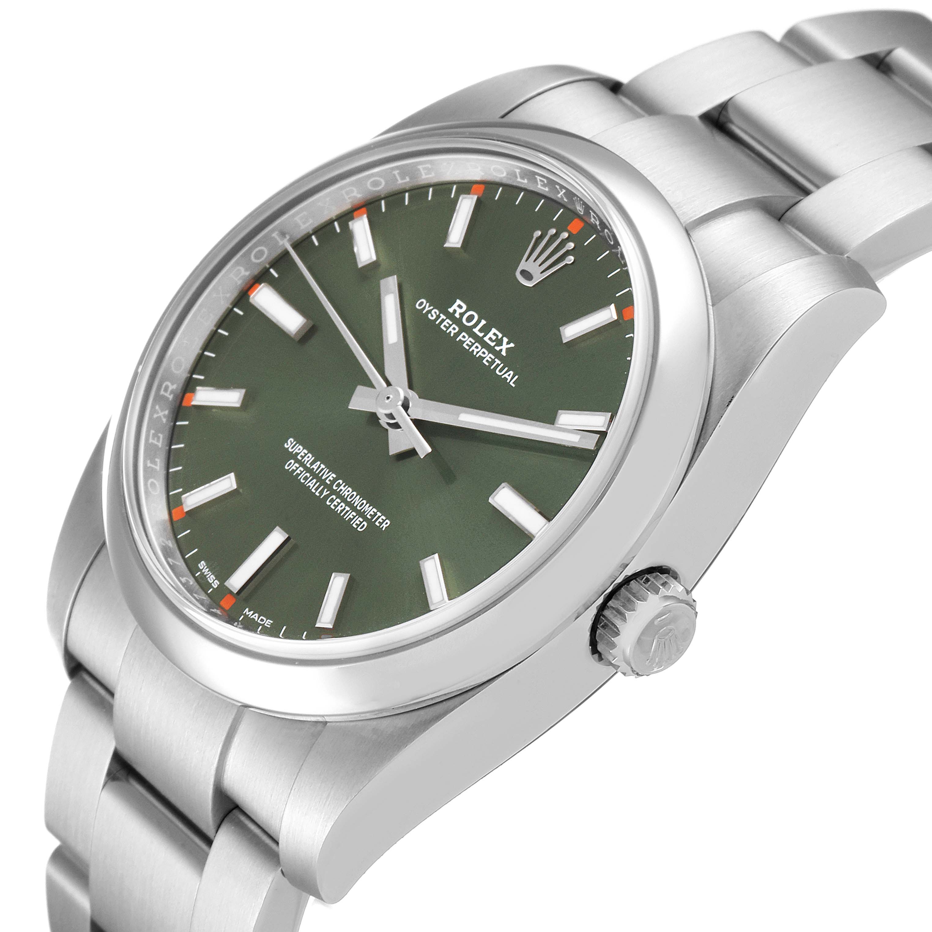 This image shows a side and front angle of a Rolex Oyster Perpetual 114200 Men
s Stainless Steel Green Dial 114200 Men
s Stainless Steel Green Dial watch, highlighting the dial, crown, and bracelet.