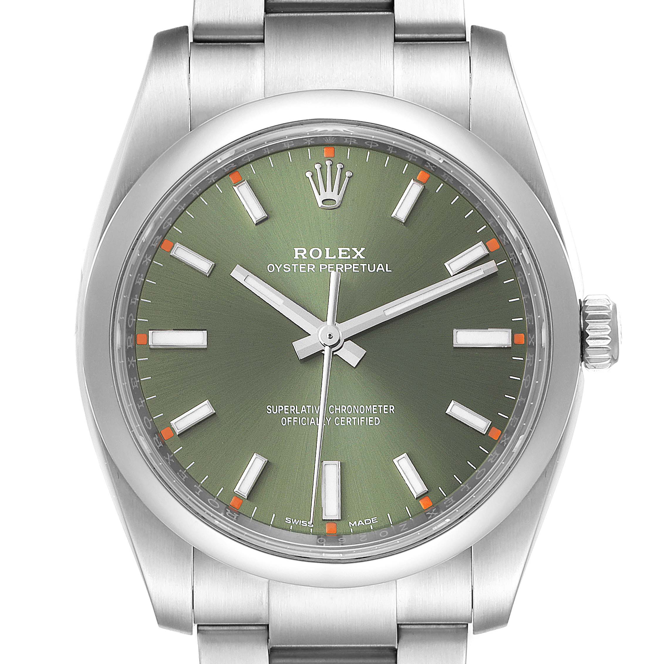 The image shows a front view of the Rolex Oyster Perpetual 114200 Men
s Stainless Steel Green Dial 114200 Men
s Stainless Steel Green Dial watch with a green dial and silver hour markers.