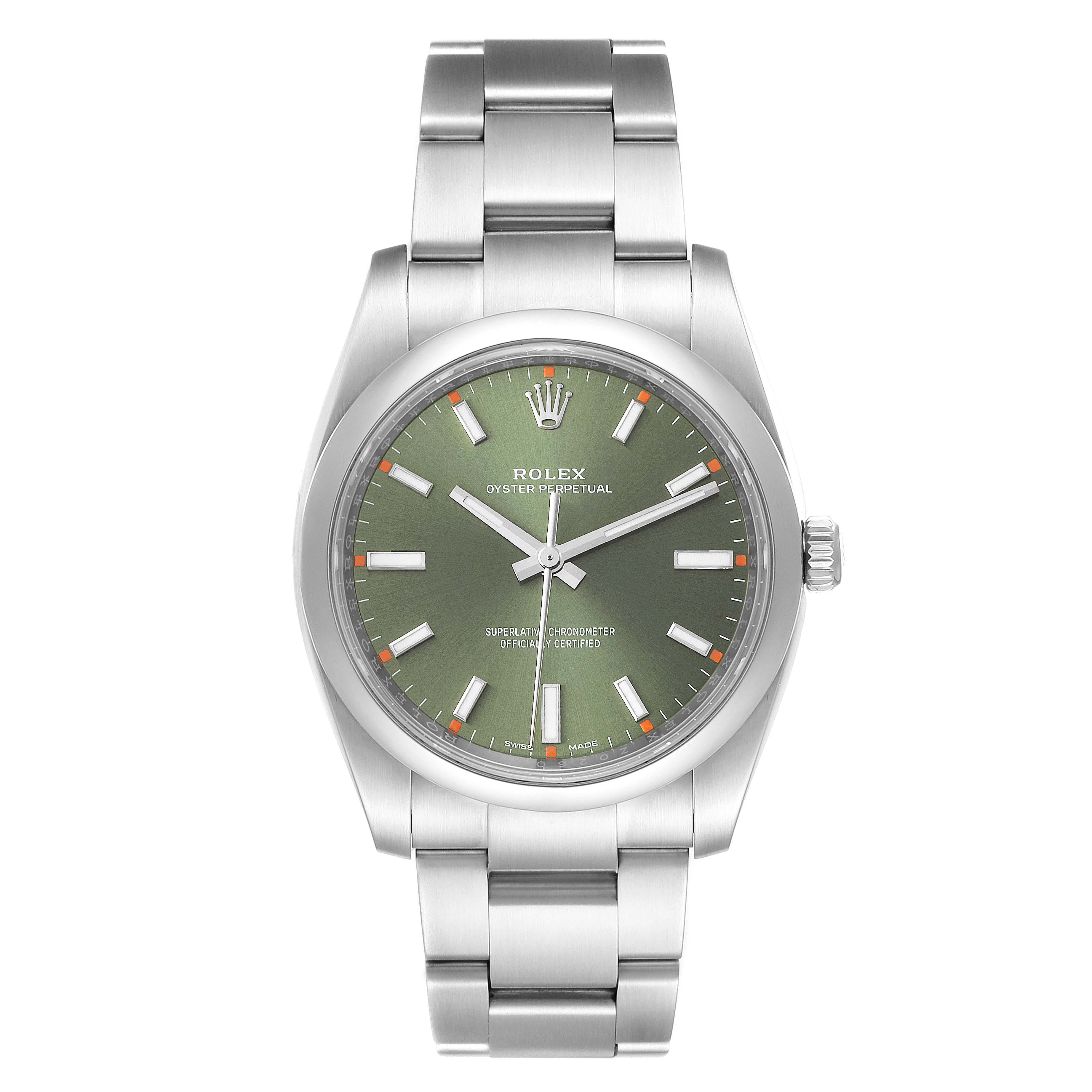 The Rolex Oyster Perpetual 114200 Men
s Stainless Steel Green Dial 114200 Men
s Stainless Steel Green Dial watch is shown from a front angle, displaying the face, bezel, and bracelet.