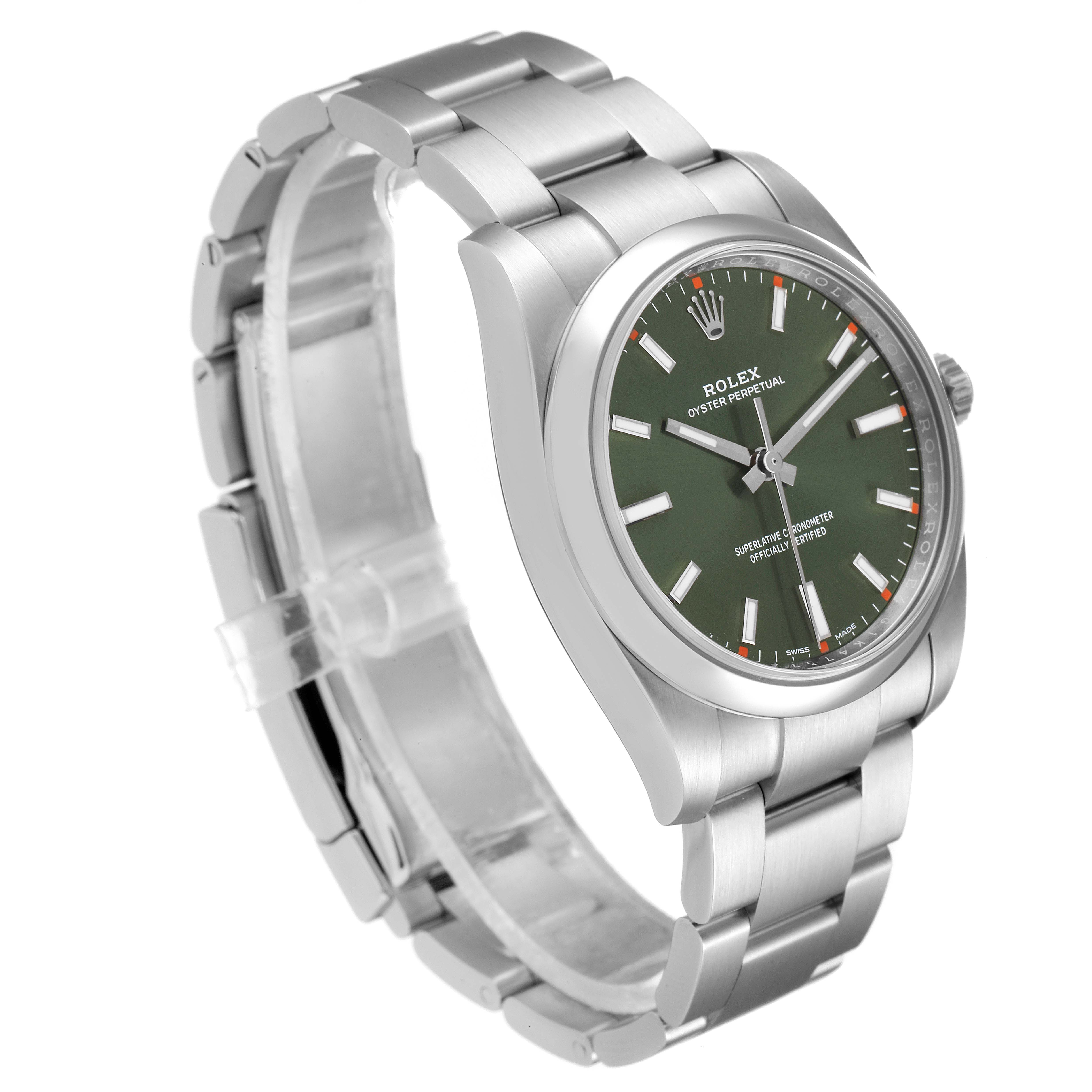 The Rolex Oyster Perpetual 114200 Men
s Stainless Steel Green Dial 114200 Men
s Stainless Steel Green Dial watch is shown at a three-quarter angle, highlighting the green dial, hour markers, and stainless steel bracelet.