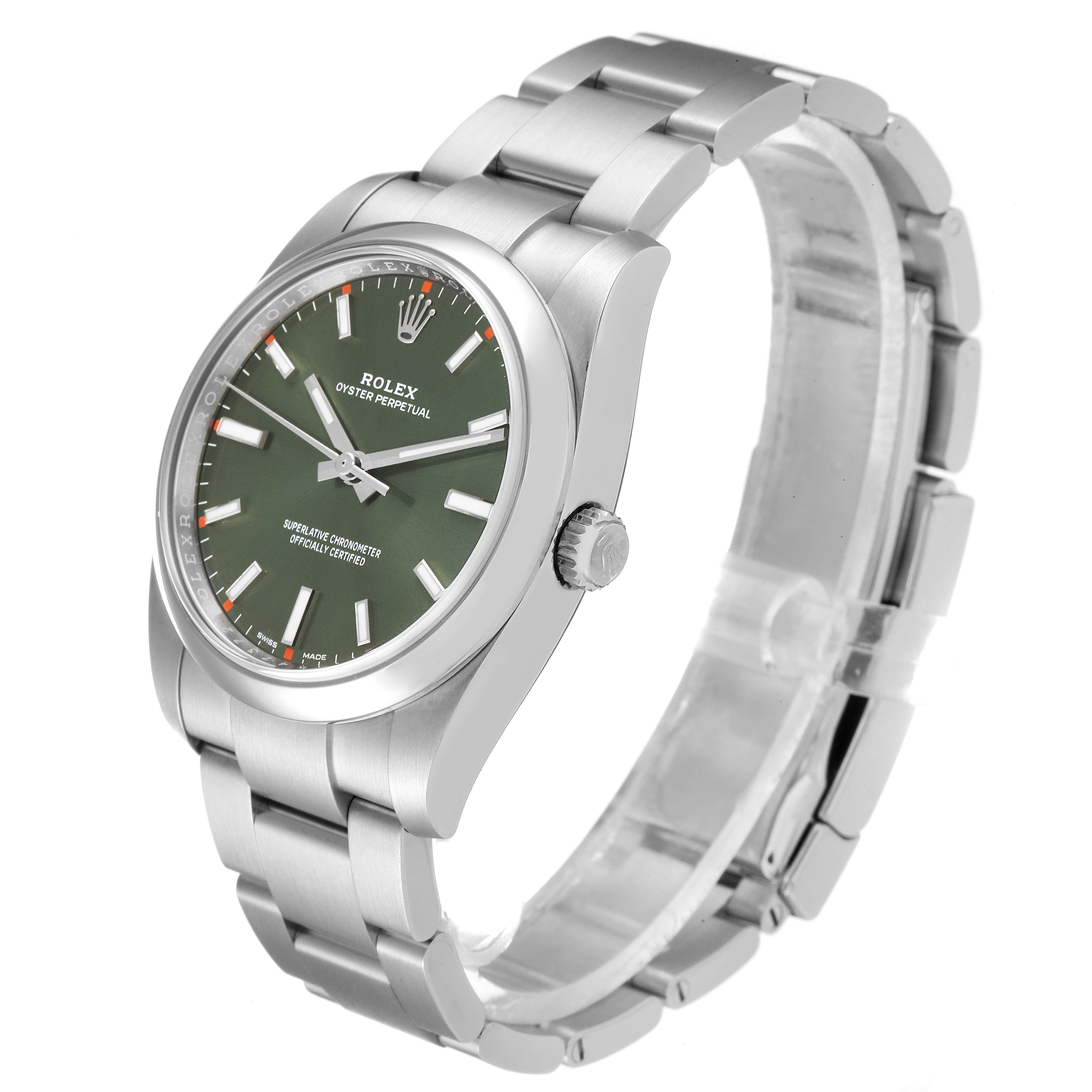 The image shows a side angle of the Rolex Oyster Perpetual 114200 Men
s Stainless Steel Green Dial 114200 Men
s Stainless Steel Green Dial watch, highlighting the bracelet, clasp, dial, and crown.
