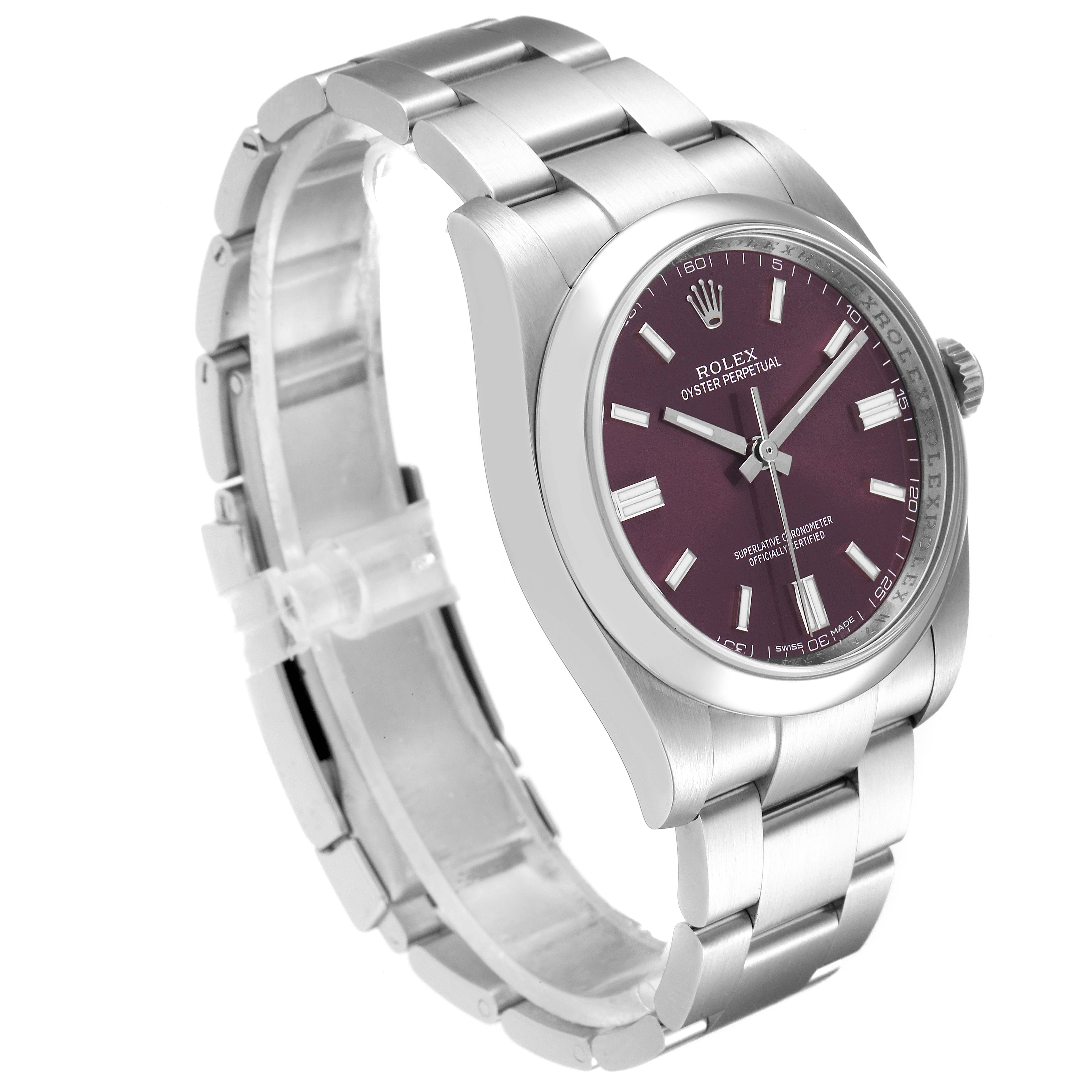 The image shows a Rolex Oyster Perpetual 116000 Men's Stainless Steel Burgundy Dial 116000 Men's Stainless Steel Burgundy Dial watch angled from the upper left, highlighting the bracelet, bezel, and purple dial.