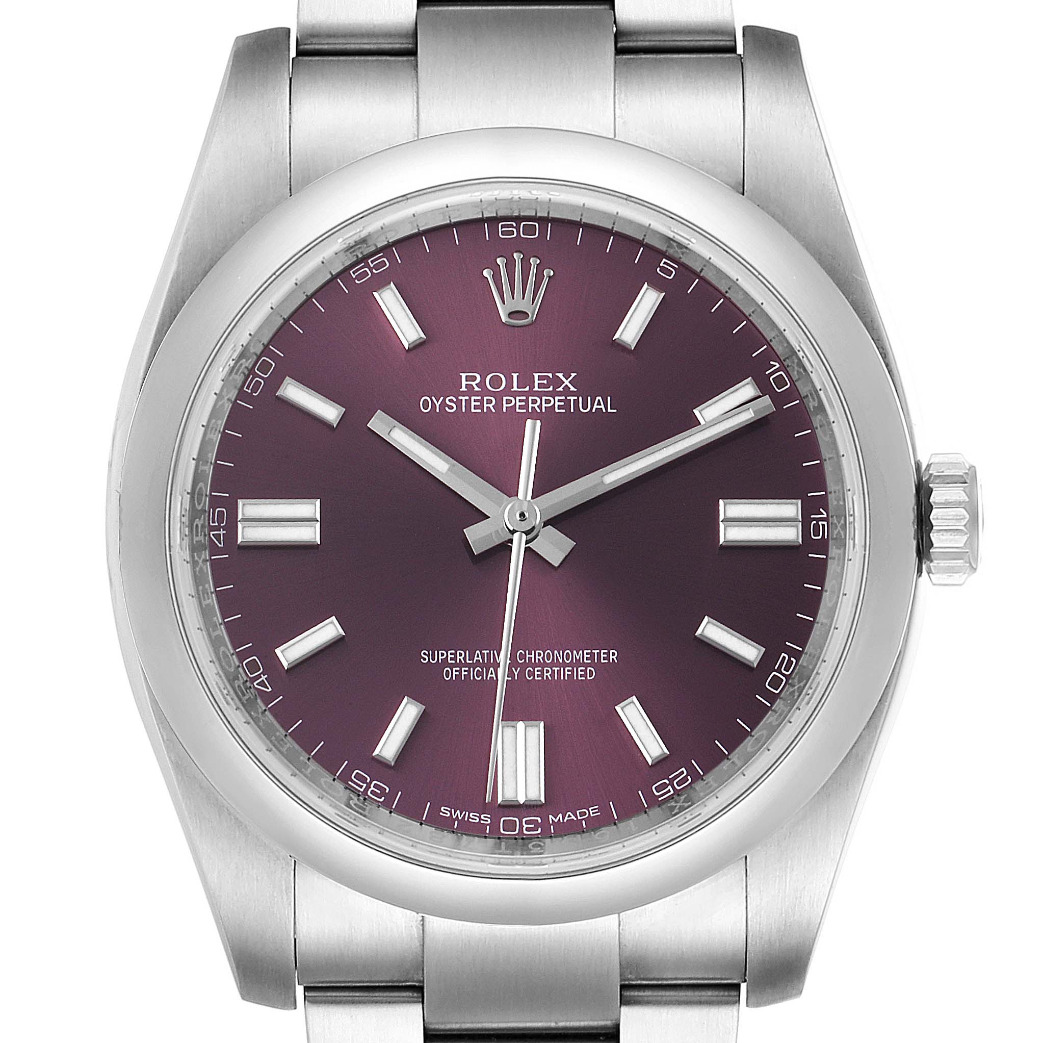 The image shows a front view of a Rolex Oyster Perpetual 116000 Men's Stainless Steel Burgundy Dial 116000 Men's Stainless Steel Burgundy Dial watch highlighting its purple dial, hour markers, and bracelet.