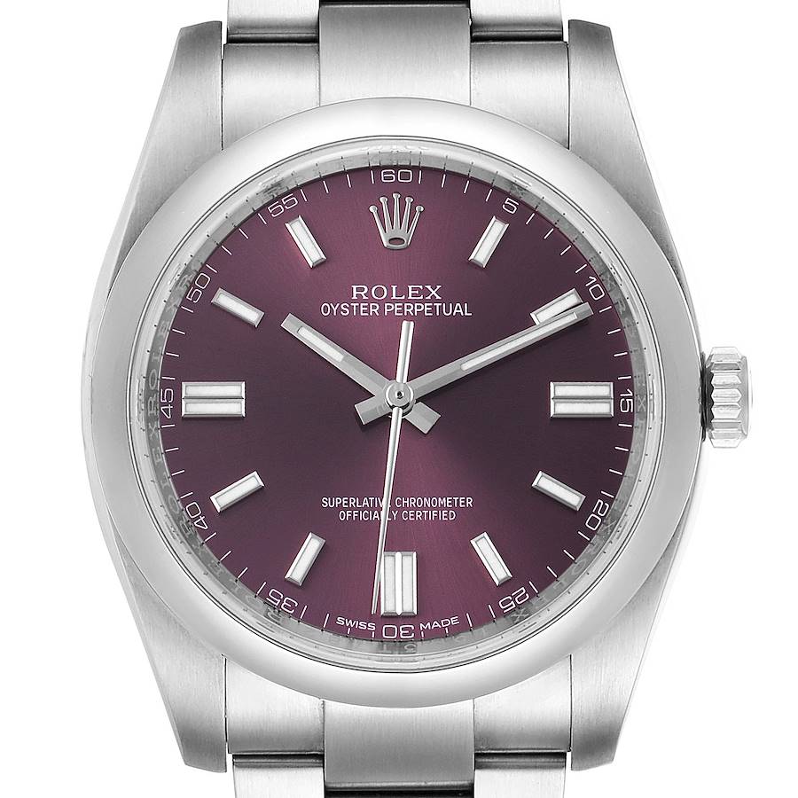 Rolex Oyster Perpetual 36 Red Grape Dial Steel Mens Watch 116000 SwissWatchExpo