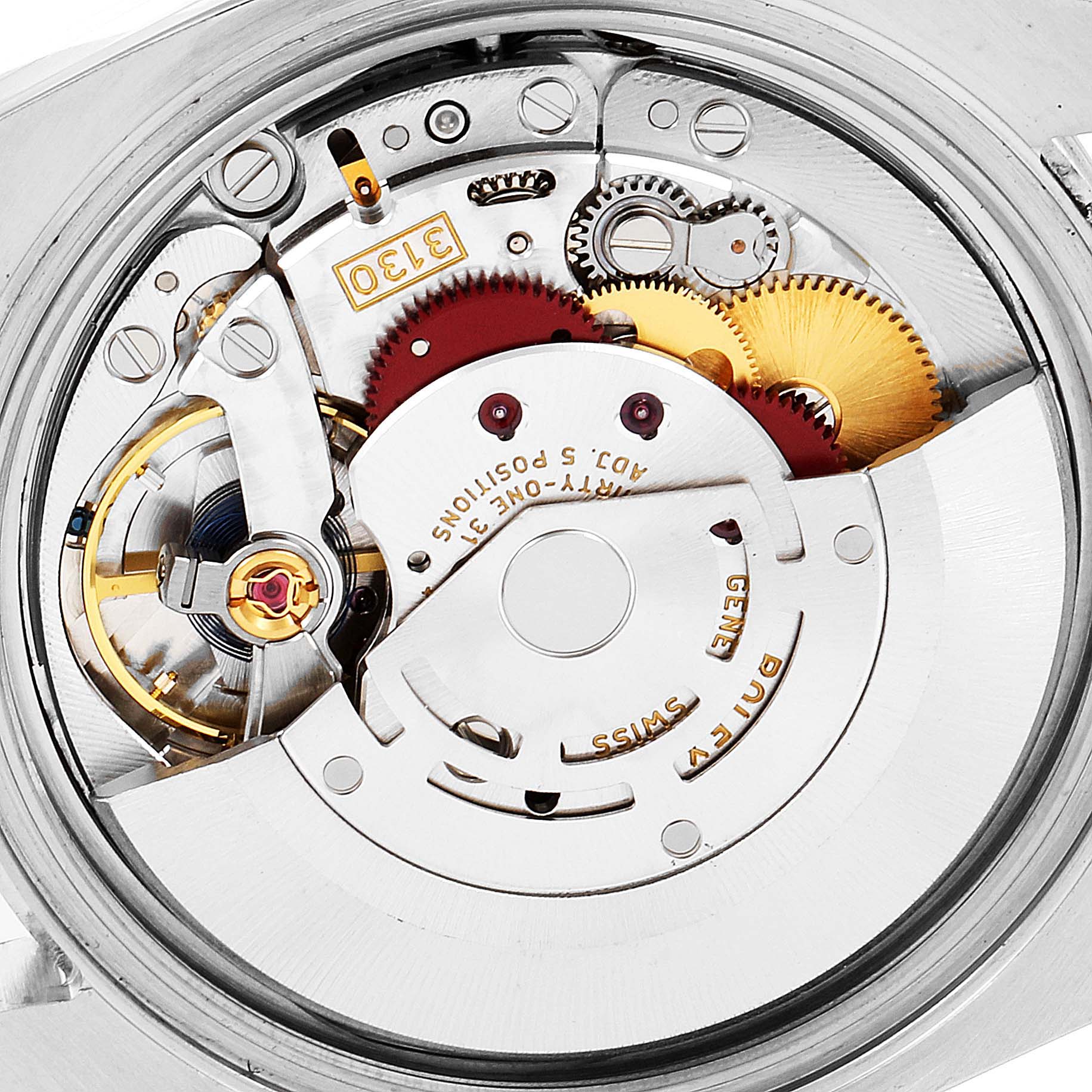 This image shows the intricate internal mechanism of a Rolex Oyster Perpetual 116000 Men's Stainless Steel Burgundy Dial 116000 Men's Stainless Steel Burgundy Dial watch from a close-up, back view angle.