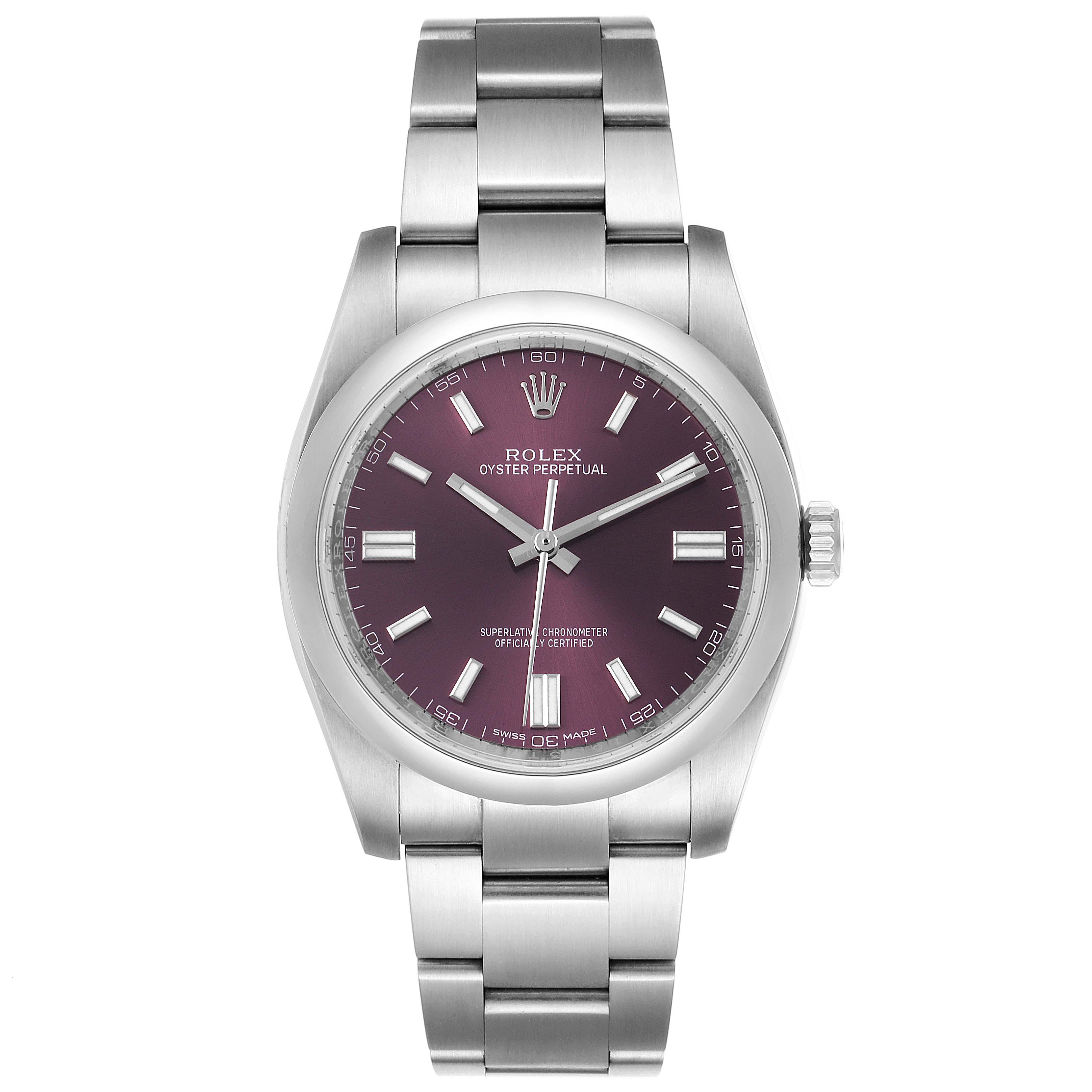 This image shows a Rolex Oyster Perpetual 116000 Men's Stainless Steel Burgundy Dial 116000 Men's Stainless Steel Burgundy Dial watch from a front angle, highlighting its purple dial, metal bracelet, and casing.