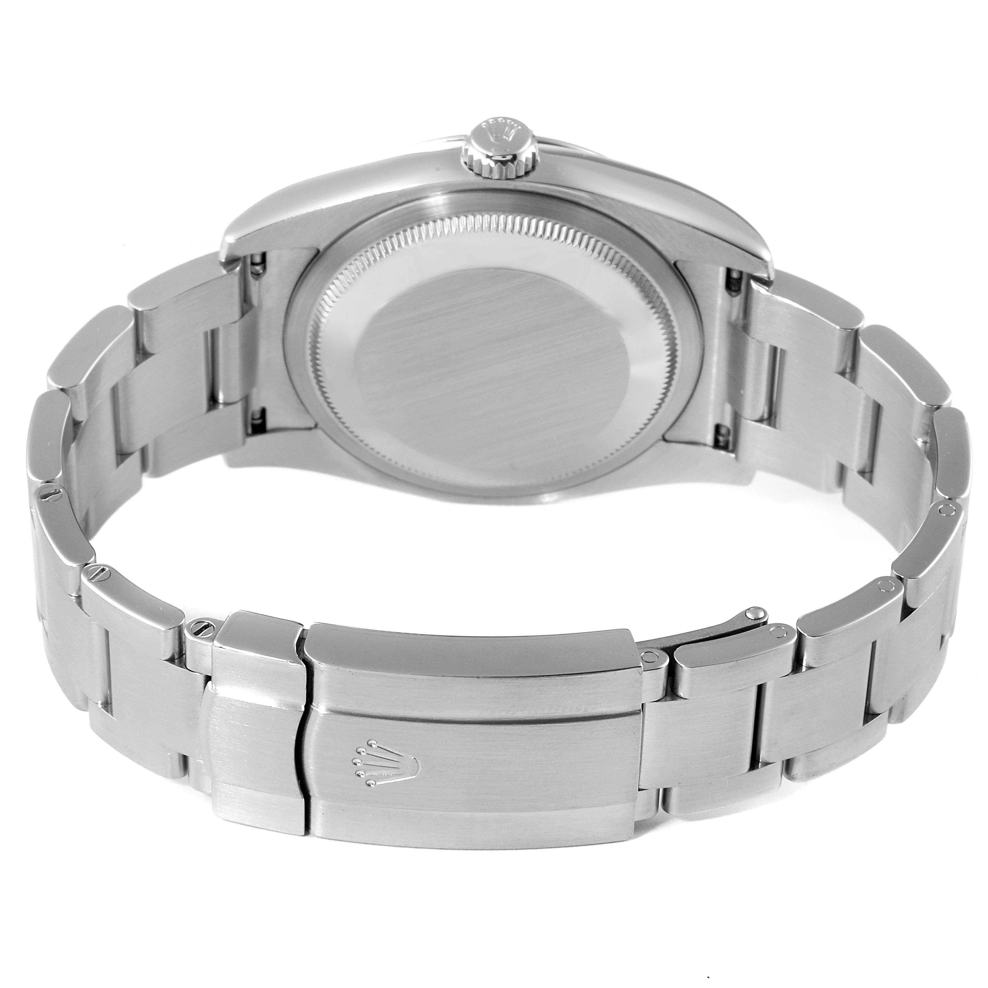 This image shows the back view of a Rolex Oyster Perpetual 116000 Men's Stainless Steel Burgundy Dial 116000 Men's Stainless Steel Burgundy Dial watch, focusing on the case back and bracelet.