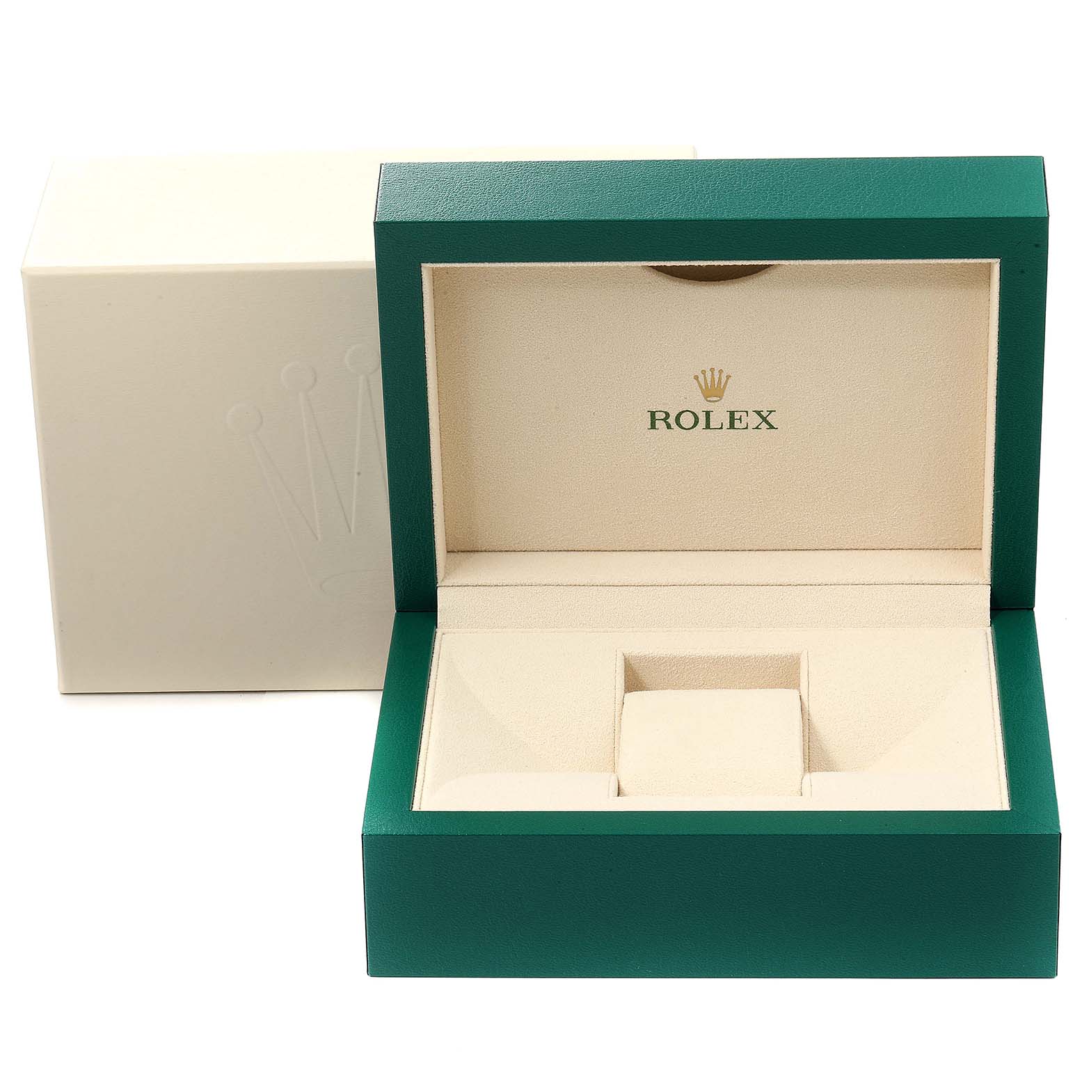 This image shows an open green and beige Rolex watch box, likely for the Oyster Perpetual model.