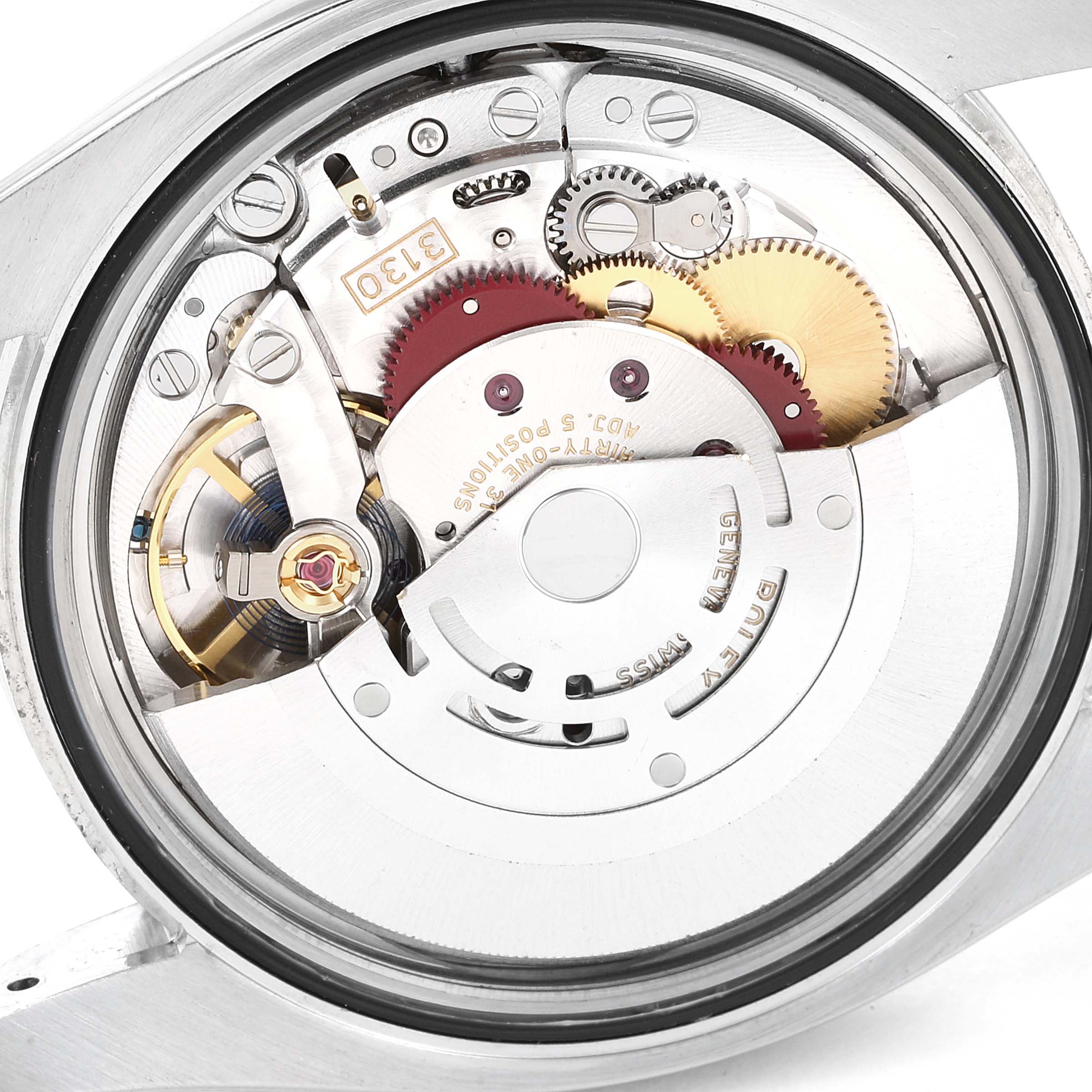 This image shows the intricate internal mechanism of a Rolex Oyster Perpetual 116000 Men
s Stainless Steel Blue Dial 116000 Men
s Stainless Steel Blue Dial watch from a close-up, rear angle.