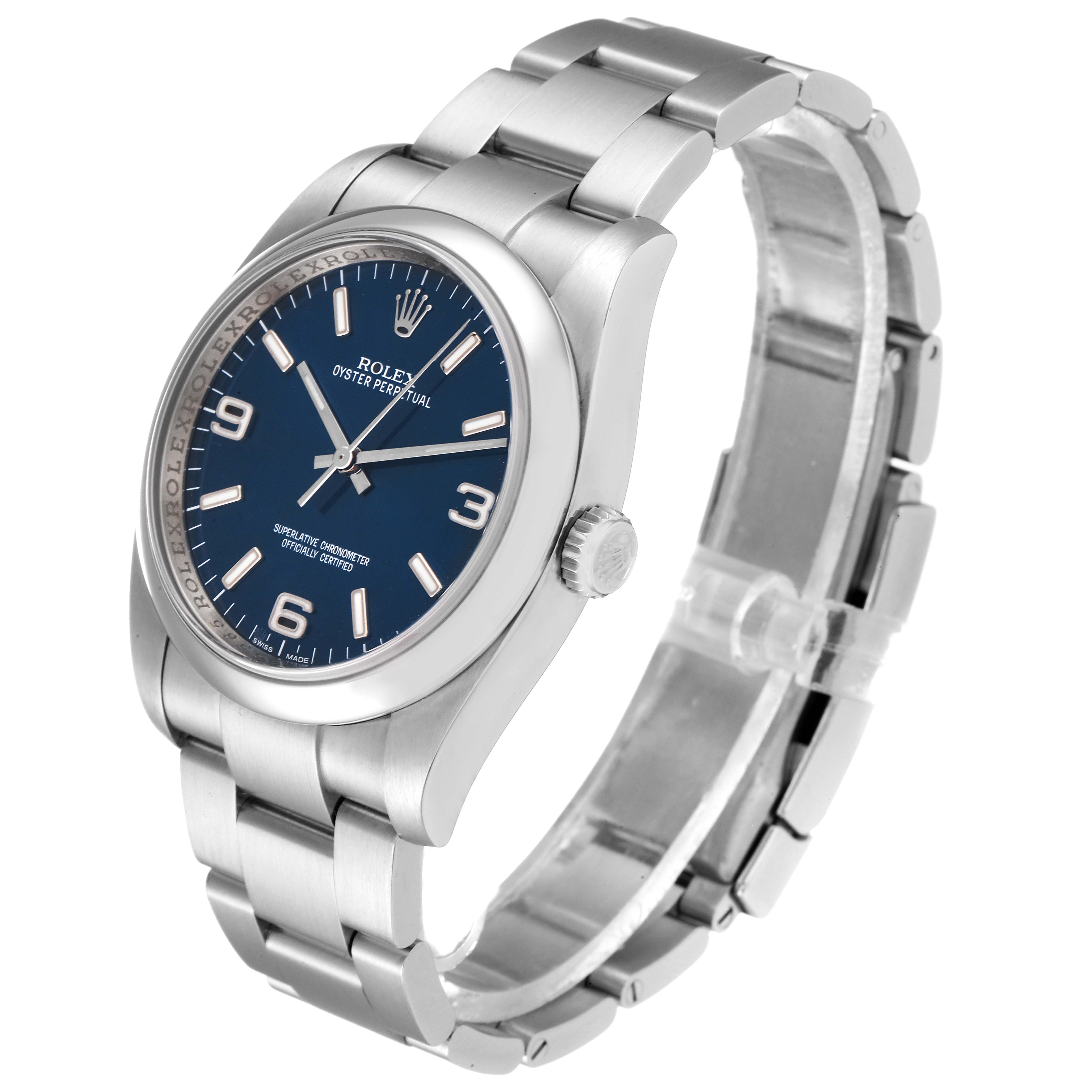 This image shows a Rolex Oyster Perpetual 116000 Men
s Stainless Steel Blue Dial 116000 Men
s Stainless Steel Blue Dial watch with a side-angle view, highlighting the face, crown, and bracelet.