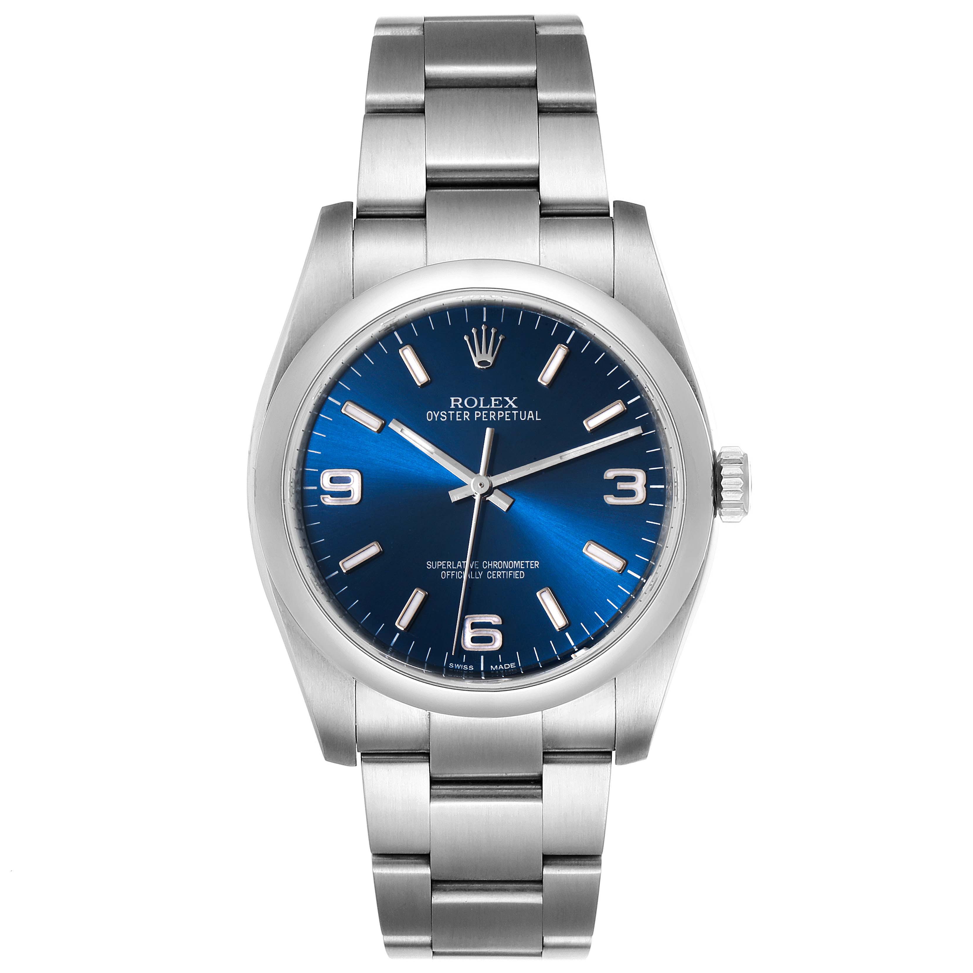 This image shows a front-facing view of a Rolex Oyster Perpetual 116000 Men
s Stainless Steel Blue Dial 116000 Men
s Stainless Steel Blue Dial watch with a blue dial and stainless steel bracelet.