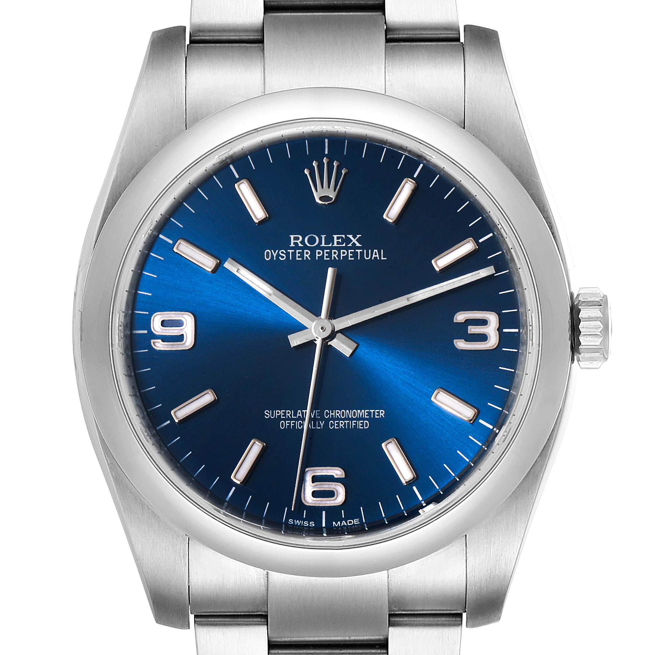 This image shows a Rolex Oyster Perpetual 116000 Men
s Stainless Steel Blue Dial 116000 Men
s Stainless Steel Blue Dial watch from a front angle, highlighting its blue dial and stainless steel bracelet.