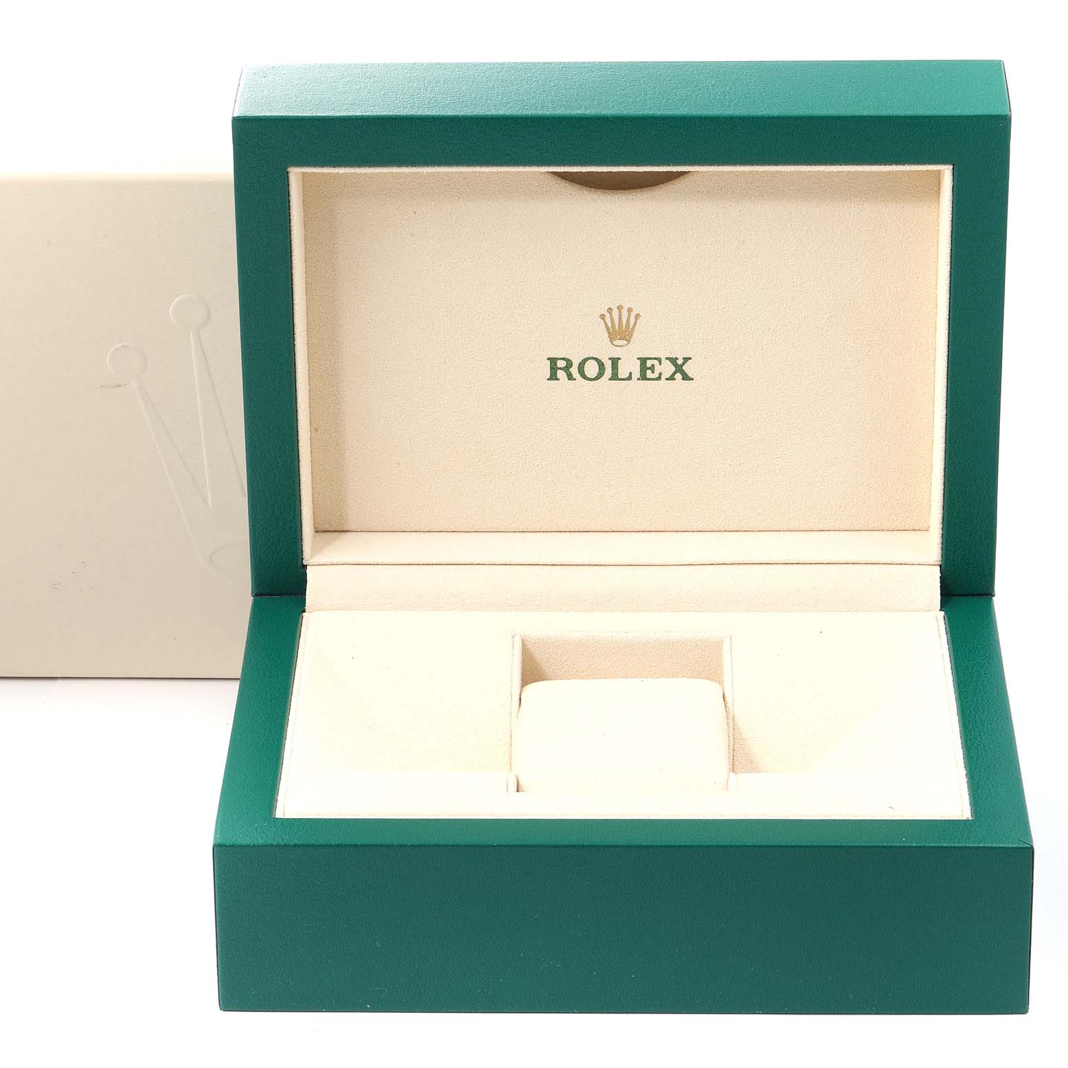 The image shows an open green and cream Rolex watch box for the Oyster Perpetual model.