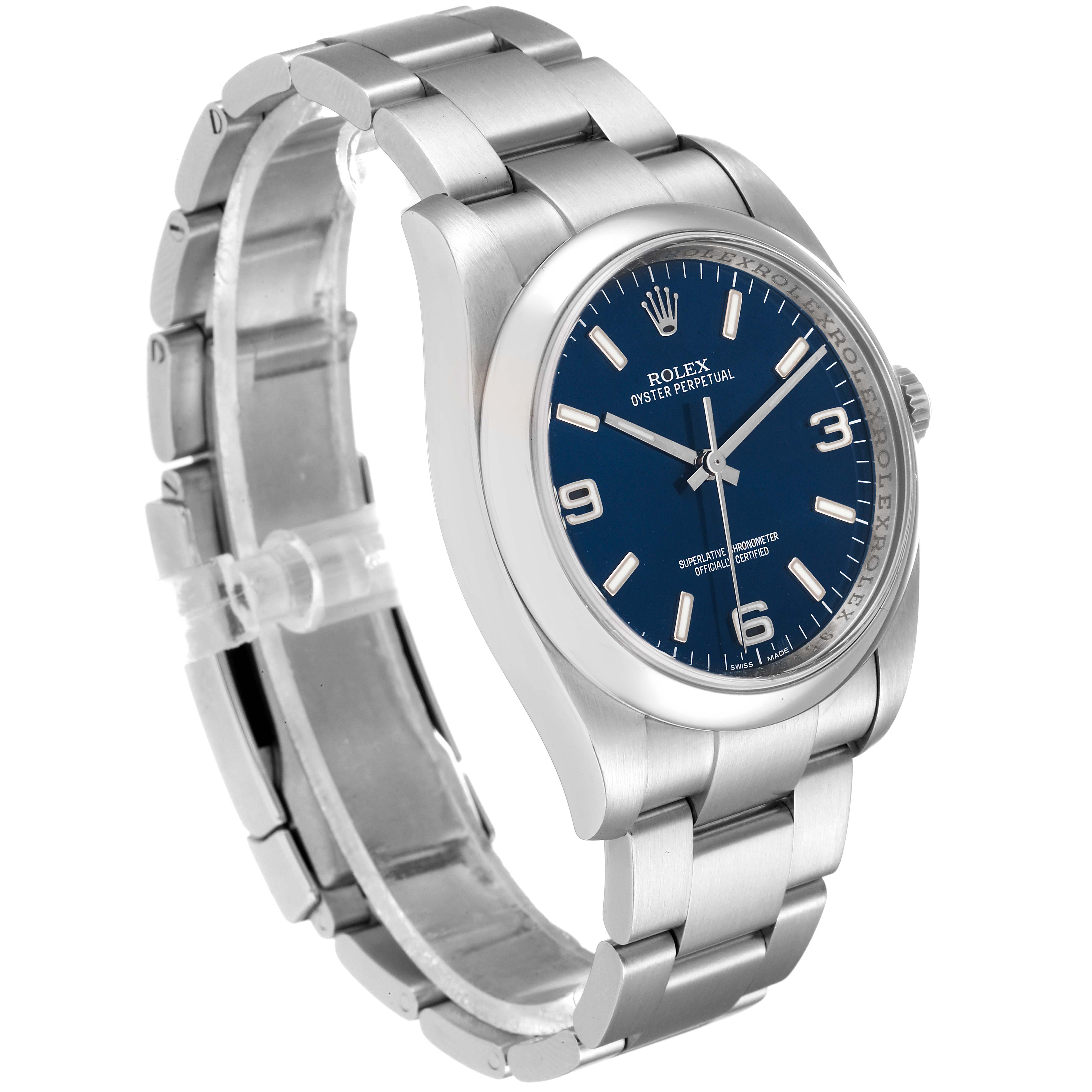 The image shows a Rolex Oyster Perpetual 116000 Men
s Stainless Steel Blue Dial 116000 Men
s Stainless Steel Blue Dial watch at a three-quarter angle, highlighting the bracelet, dial, and case.