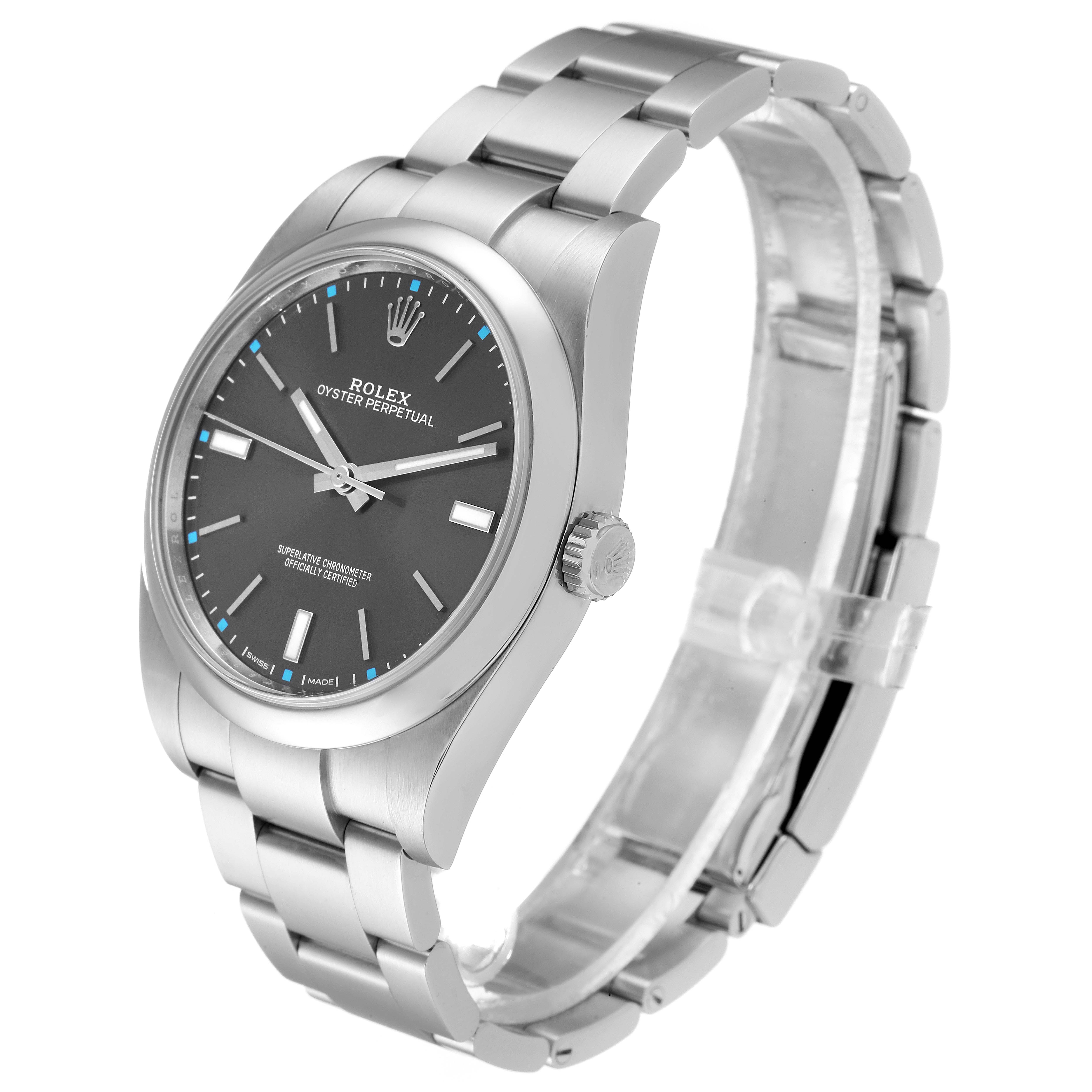 This image shows a Rolex Oyster Perpetual 114300 Men's Stainless Steel Grey Dial 114300 Men's Stainless Steel Grey Dial watch at a three-quarter angle, highlighting the dial, bracelet, and crown.