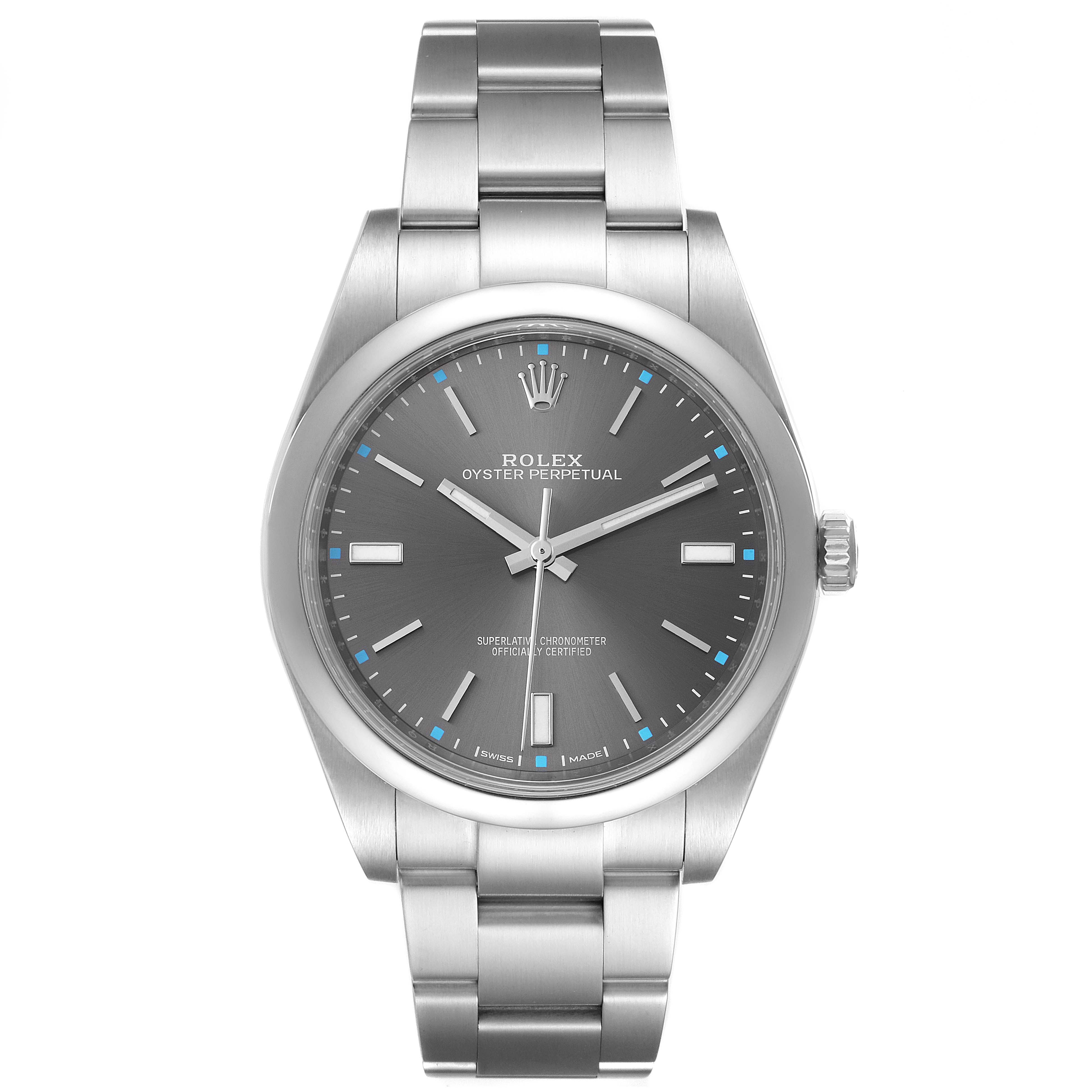 This image shows a front view of a Rolex Oyster Perpetual 114300 Men's Stainless Steel Grey Dial 114300 Men's Stainless Steel Grey Dial watch, highlighting its face, hands, and bracelet.