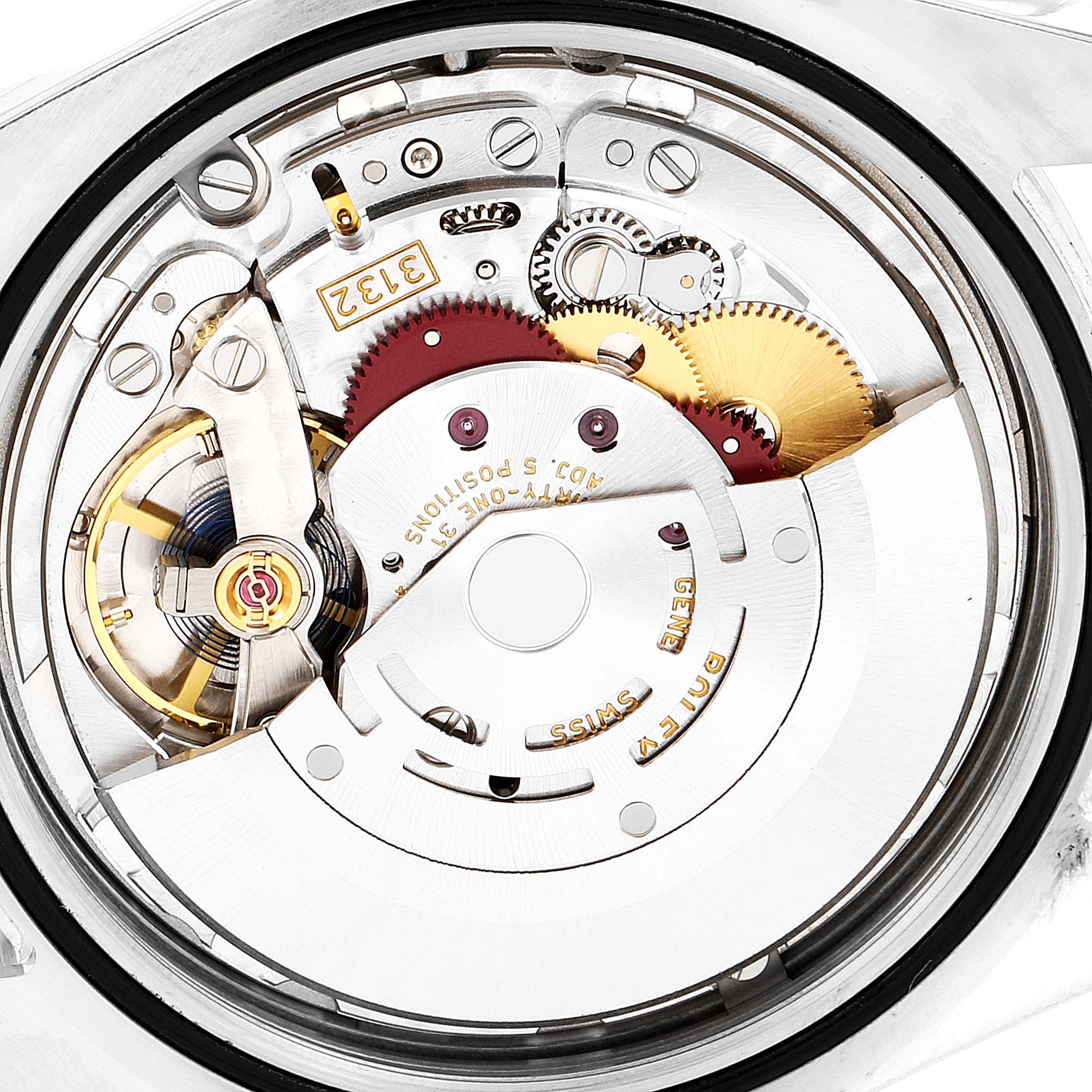 The image shows a close-up of the movement and internal mechanical parts of the Rolex Oyster Perpetual 114300 Men's Stainless Steel Grey Dial 114300 Men's Stainless Steel Grey Dial watch.