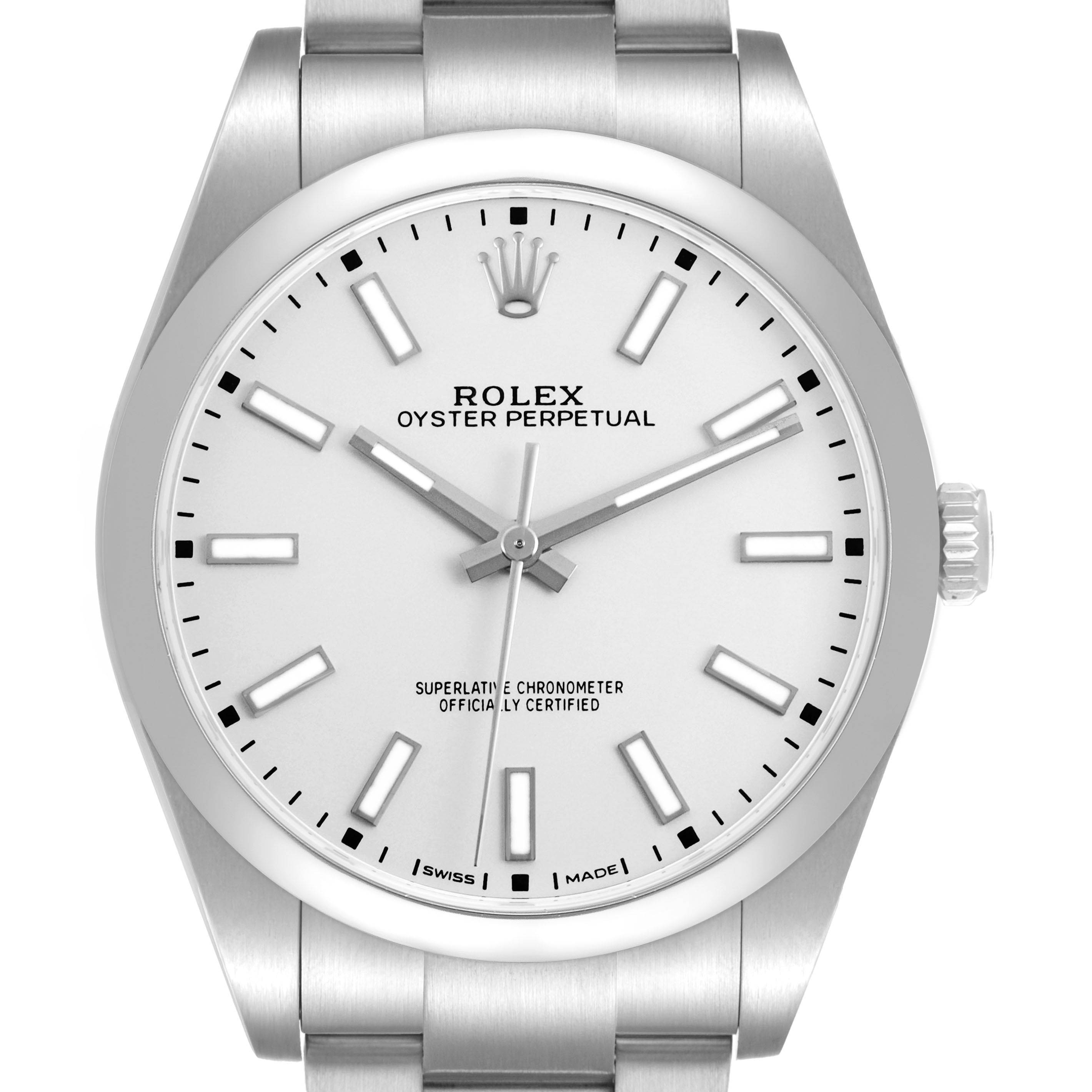 The Rolex Oyster Perpetual 114300 Men's Stainless Steel Silver Dial watch is shown from a straight-on angle, highlighting the silver dial, hands, markers, and crown.