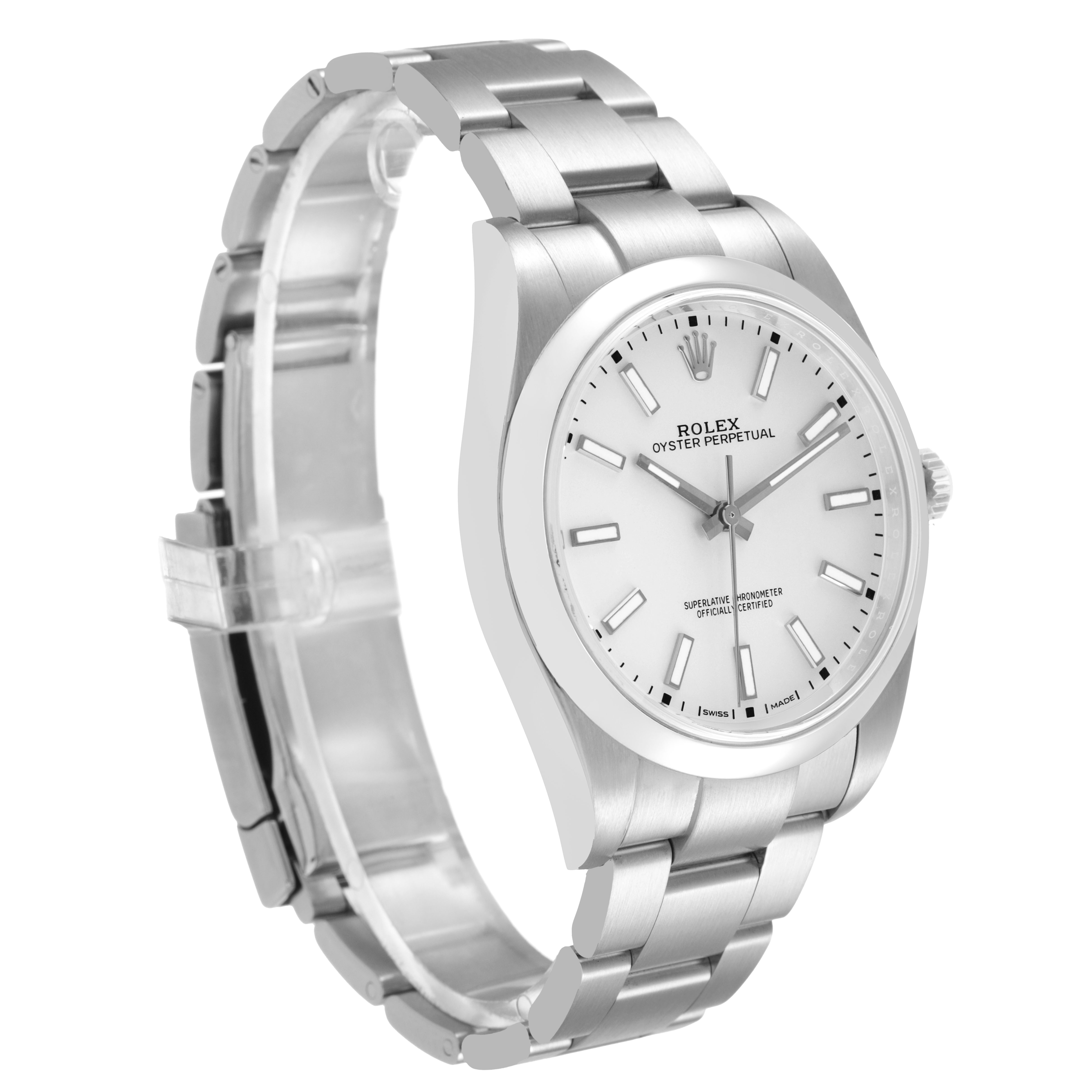 The Rolex Oyster Perpetual 114300 Men's Stainless Steel Silver Dial watch is shown at a slight side angle, displaying the face, bezel, and bracelet.