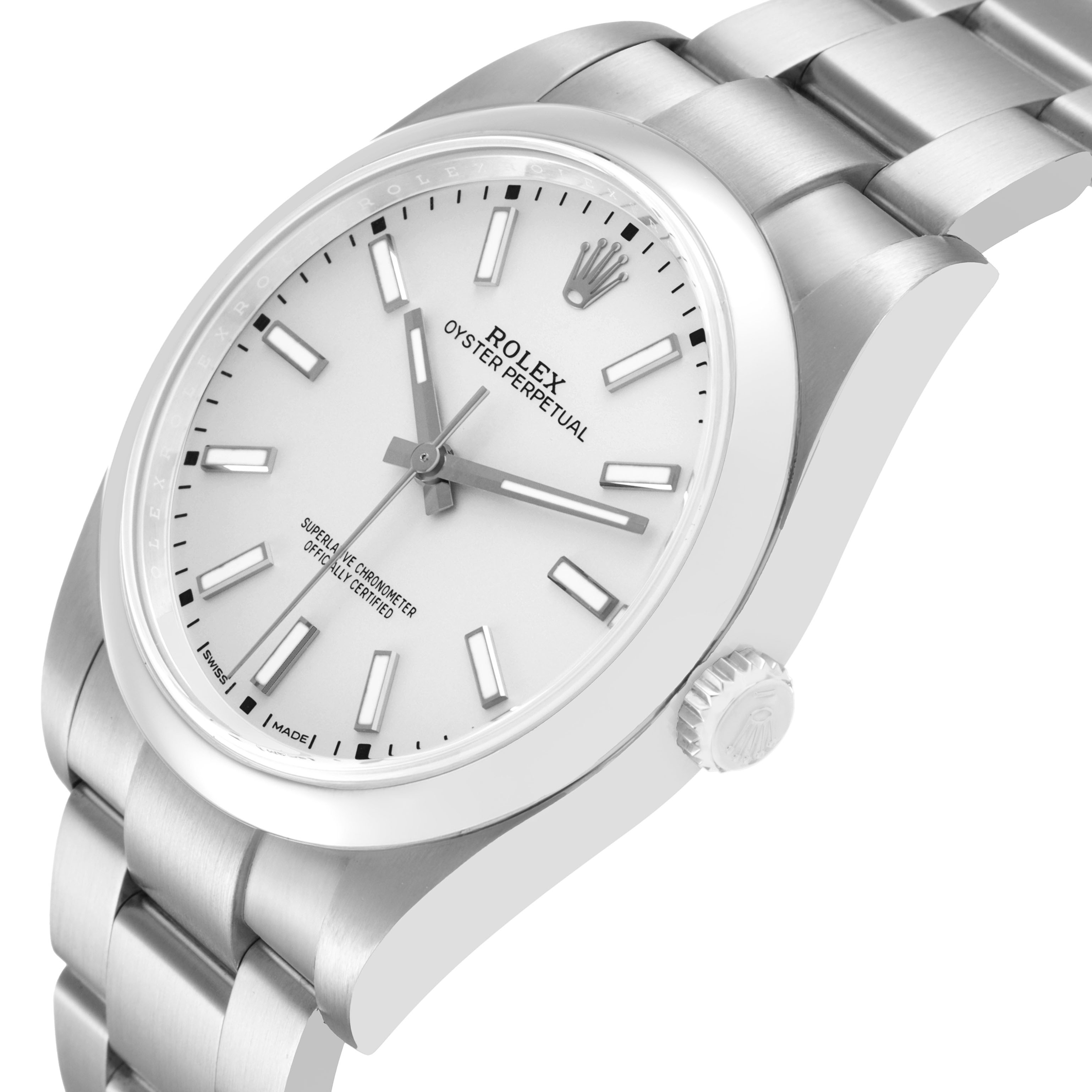 The Rolex Oyster Perpetual 114300 Men's Stainless Steel Silver Dial watch is shown from an angled side view, highlighting the face, bezel, crown, and part of the bracelet.