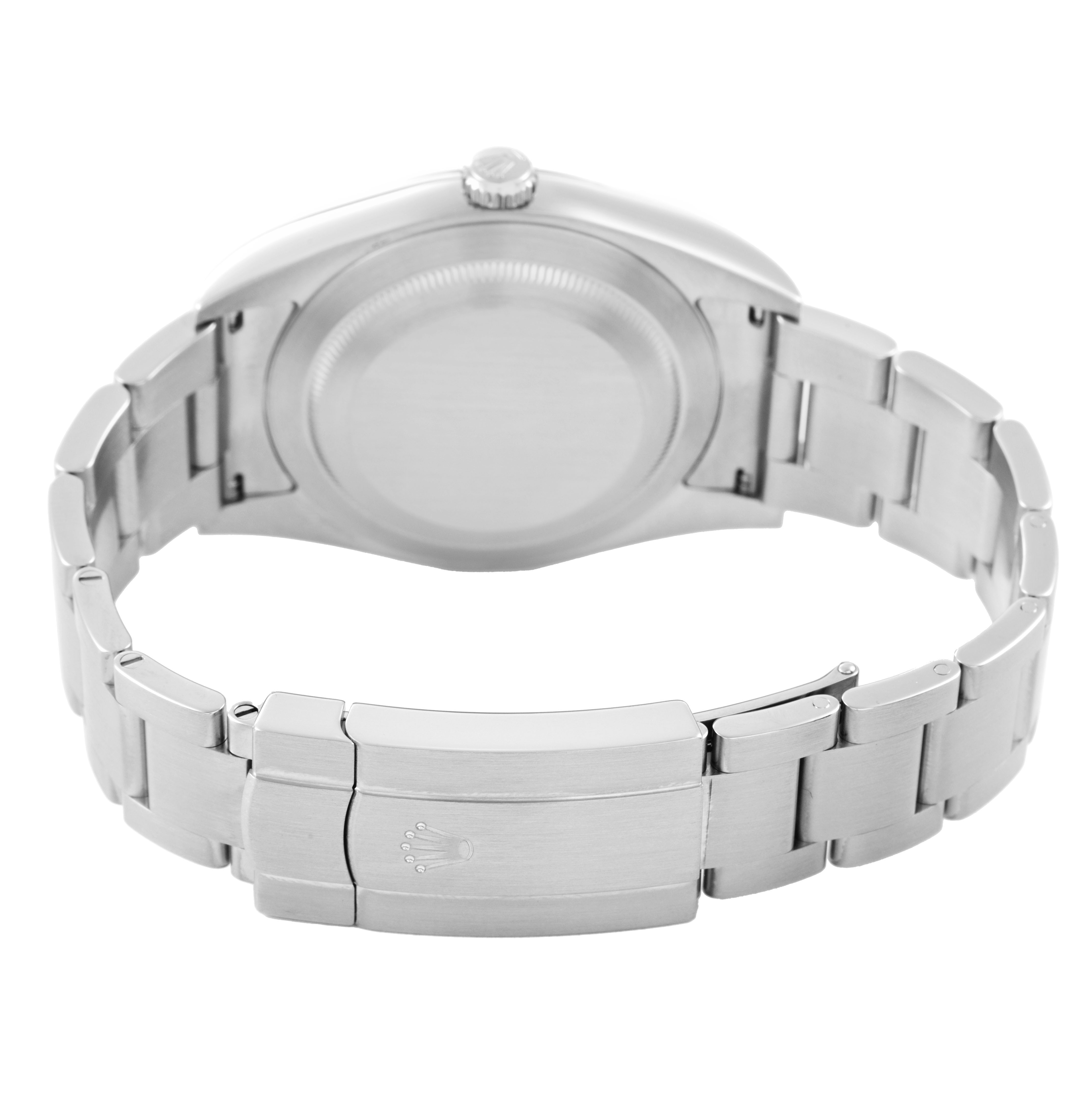 The Rolex Oyster Perpetual 114300 Men's Stainless Steel Silver Dial watch is shown from the back, highlighting the case back and bracelet clasp.