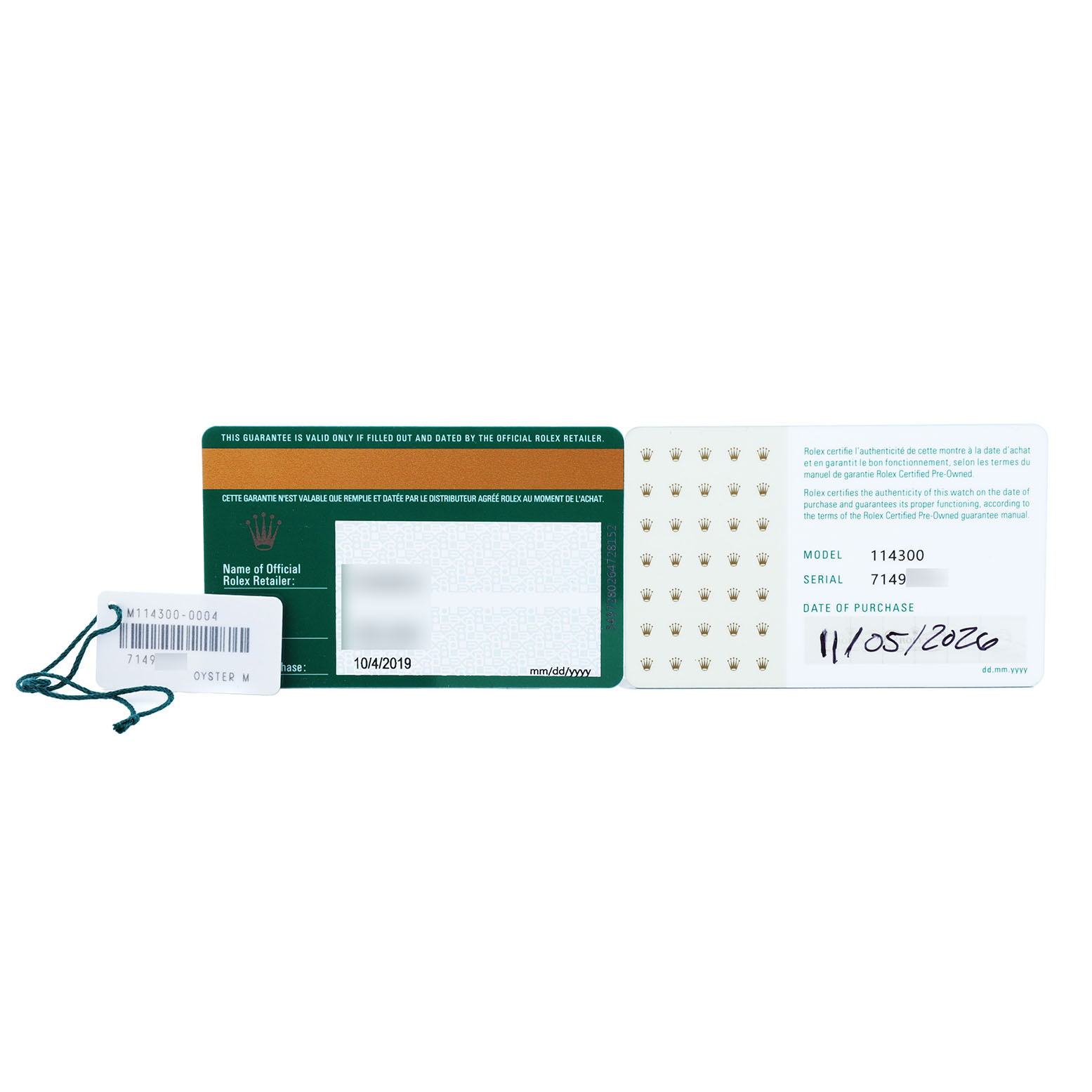 The image shows documentation and a tag for the Rolex Oyster Perpetual 114300 Men's Stainless Steel Silver Dial model, including model and serial numbers.