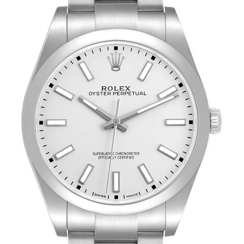 The Rolex Oyster Perpetual 114300 Men's Stainless Steel Silver Dial watch is shown from a front angle, displaying the dial, crown, and part of the bracelet.