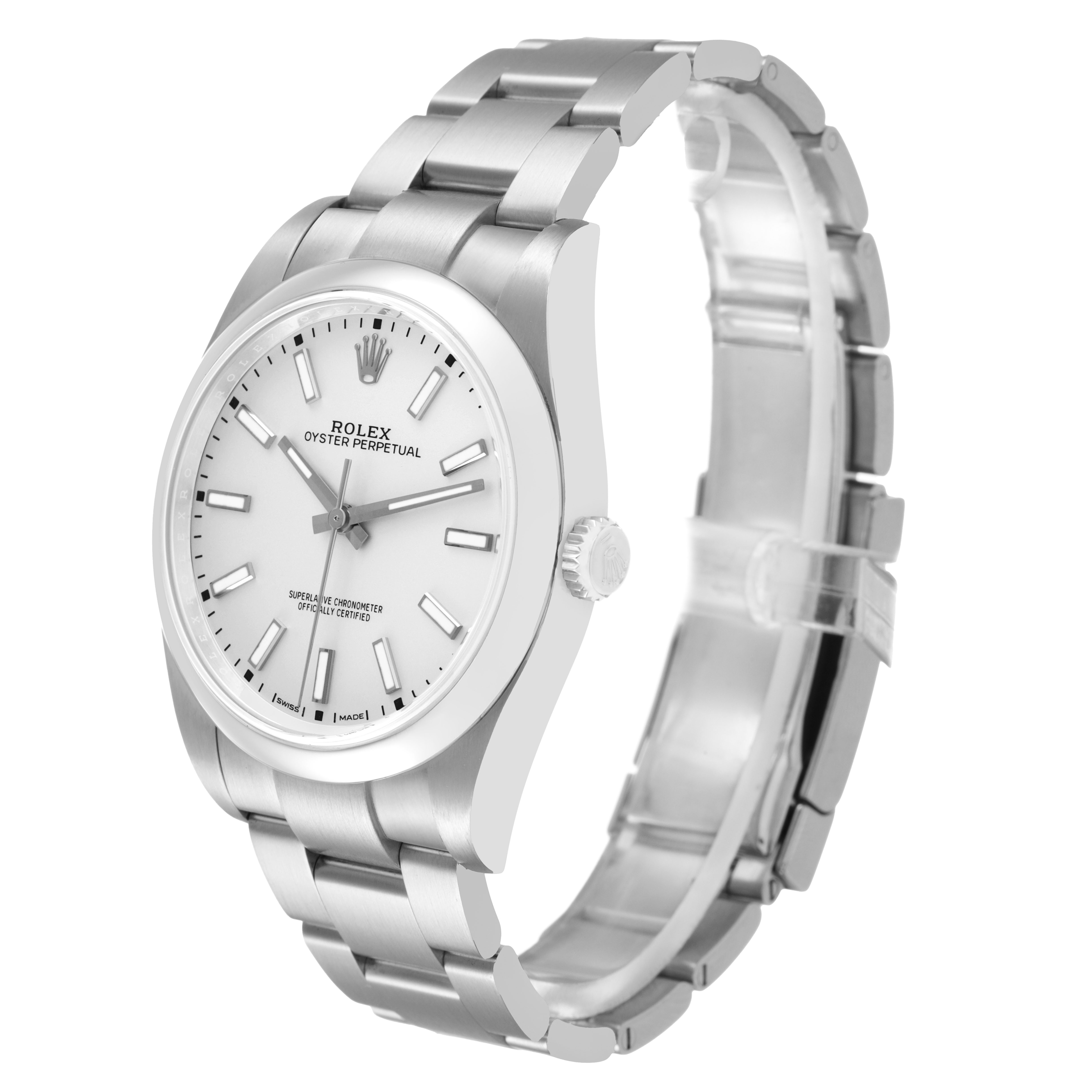 The image shows a side angle of the Rolex Oyster Perpetual 114300 Men's Stainless Steel Silver Dial watch, highlighting the dial, bezel, crown, and bracelet.