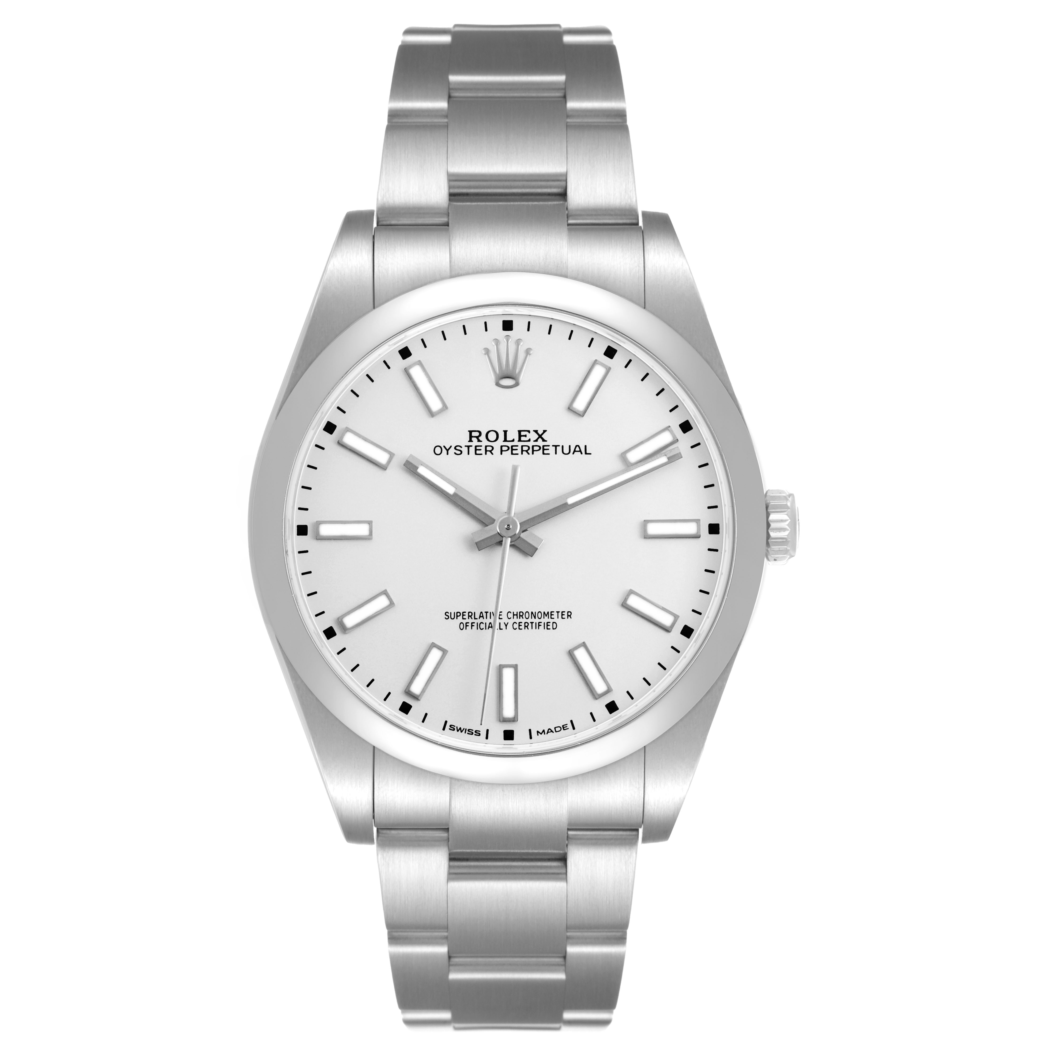 The Rolex Oyster Perpetual 114300 Men's Stainless Steel Silver Dial is shown from the front, displaying the dial, bezel, crown, and bracelet.
