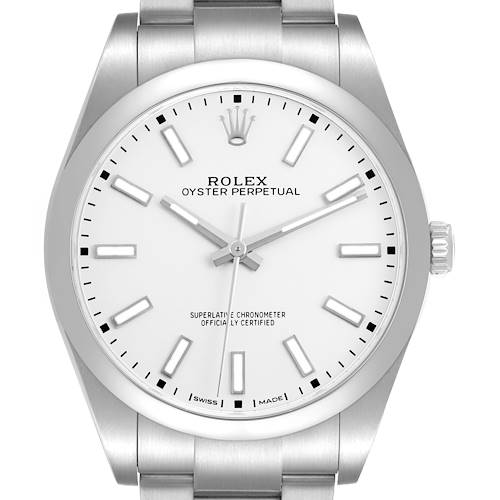 The Rolex Oyster Perpetual 114300 Men's Stainless Steel White Dial watch is shown from a front angle, displaying the face, bezel, and part of the metal bracelet.