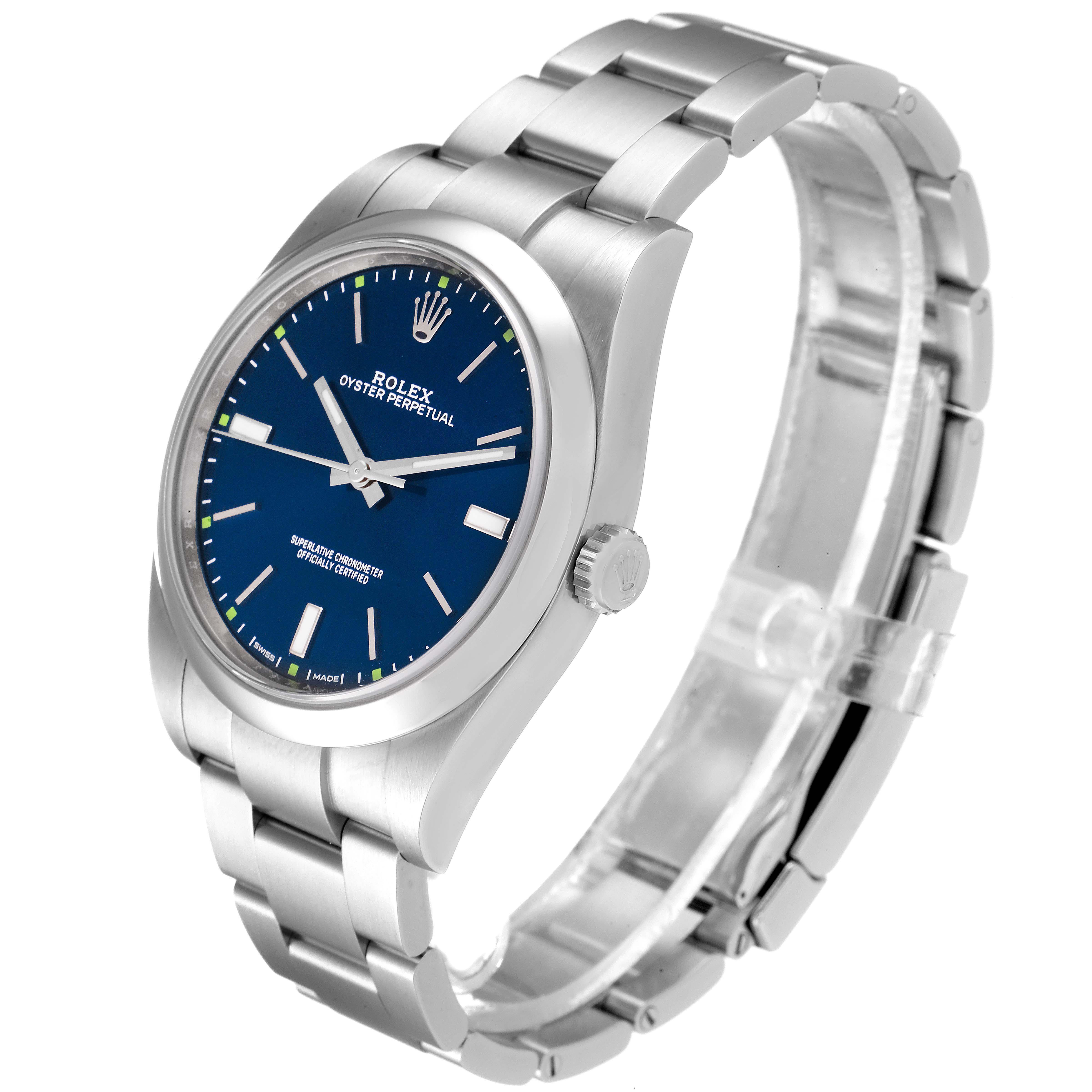 The image shows a Rolex Oyster Perpetual 114300 Men
s Stainless Steel Blue Dial 114300 Men
s Stainless Steel Blue Dial watch at a three-quarter angle, highlighting its blue dial, stainless steel case, and bracelet.