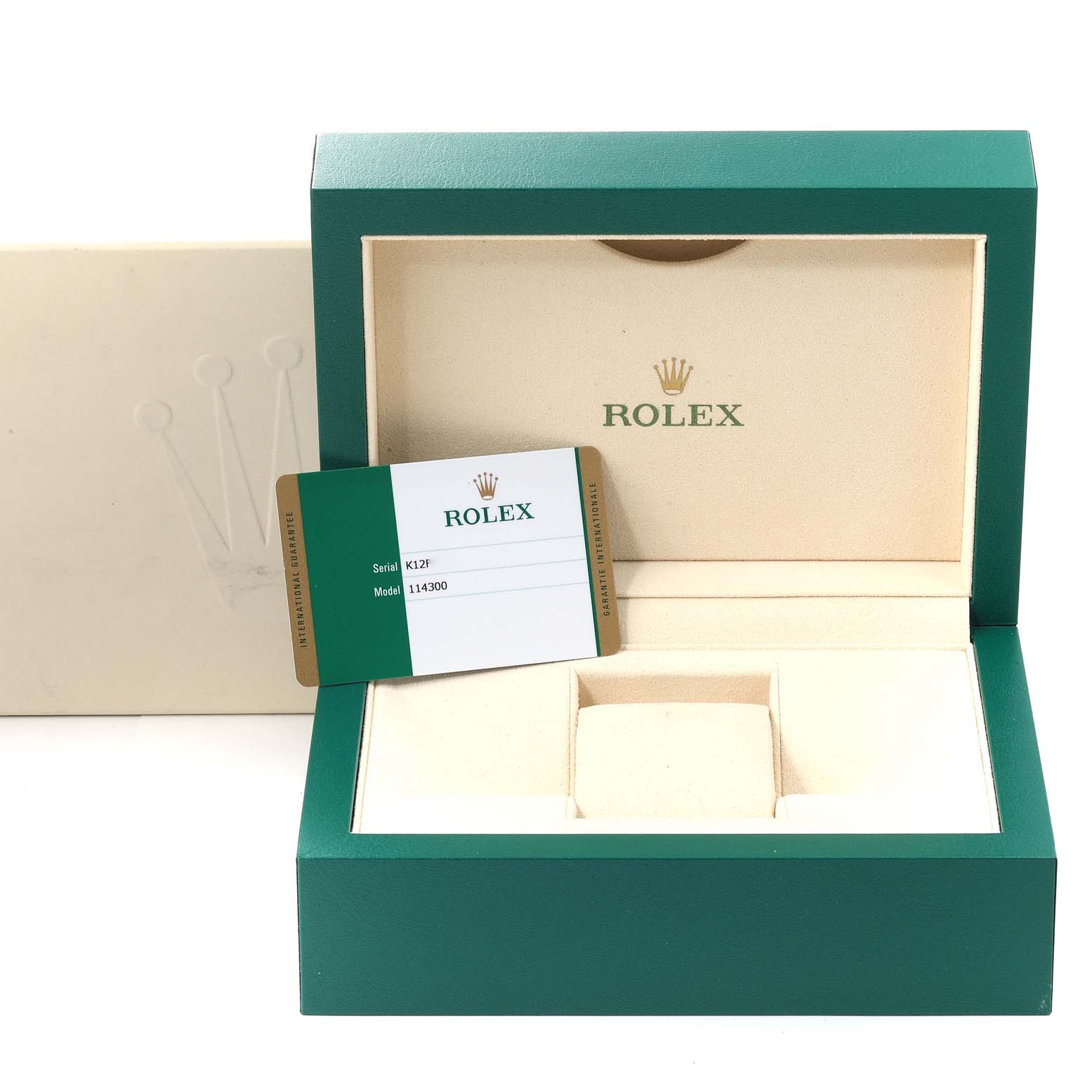 The image shows an open Rolex Oyster Perpetual 114300 Men
s Stainless Steel Blue Dial 114300 Men
s Stainless Steel Blue Dial watch box and an Best Quality
ity card.