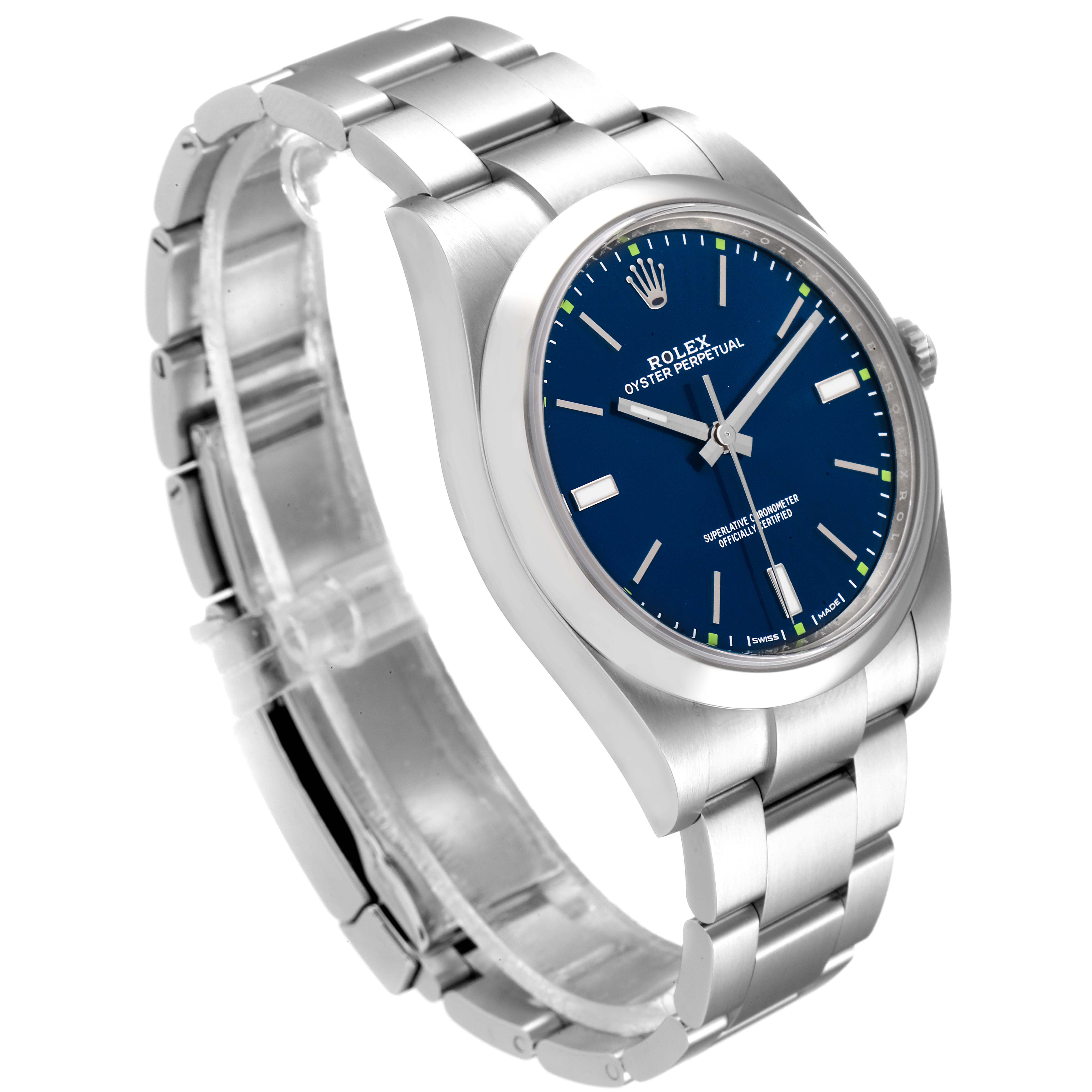 The image shows a Rolex Oyster Perpetual 114300 Men
s Stainless Steel Blue Dial 114300 Men
s Stainless Steel Blue Dial watch from an angled top-side view, highlighting its blue dial and stainless steel bracelet.