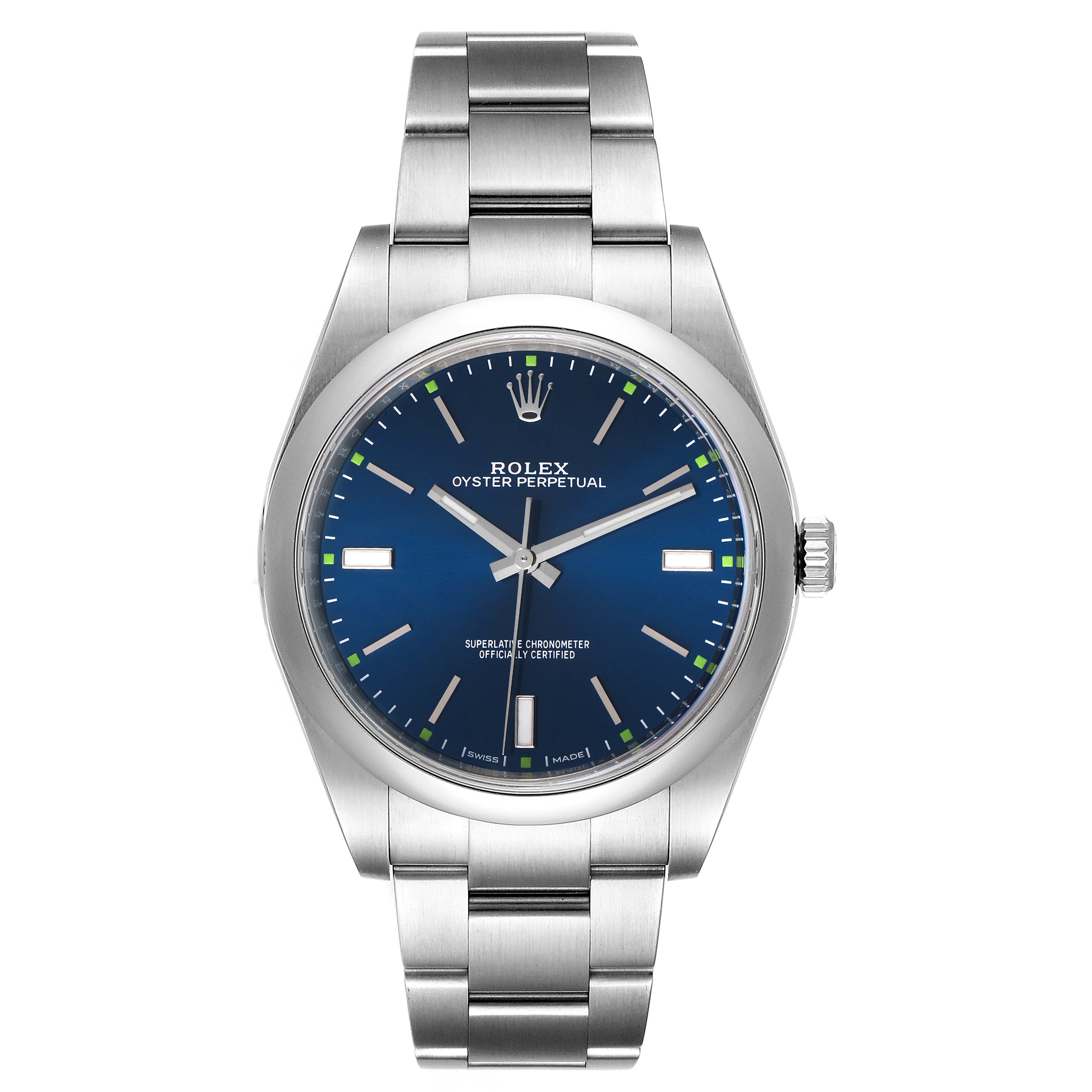 This image shows a front view of the Rolex Oyster Perpetual 114300 Men
s Stainless Steel Blue Dial 114300 Men
s Stainless Steel Blue Dial watch, highlighting its face and bracelet.
