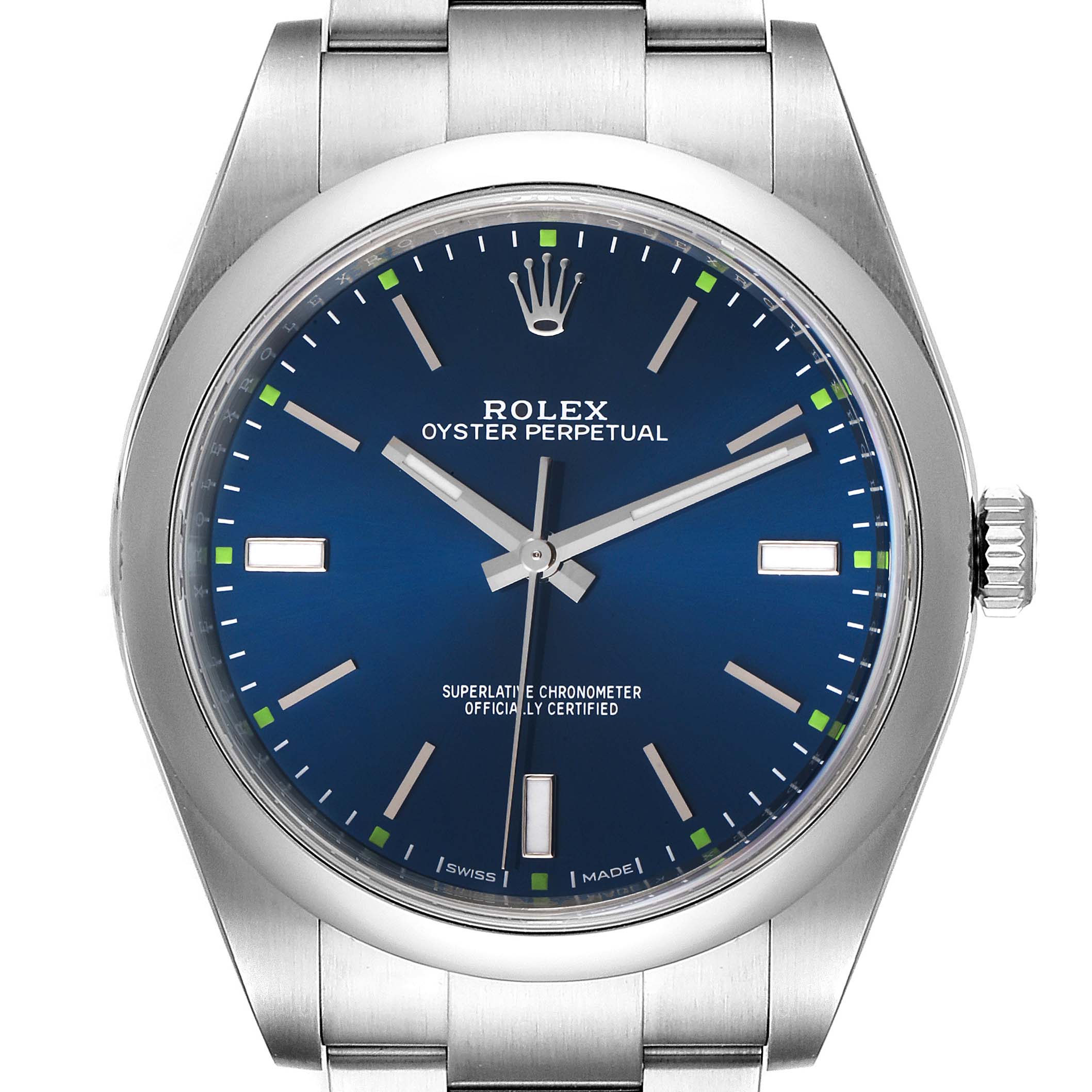 The image shows a front view of a Rolex Oyster Perpetual 114300 Men
s Stainless Steel Blue Dial 114300 Men
s Stainless Steel Blue Dial watch, highlighting its blue dial and stainless steel case.