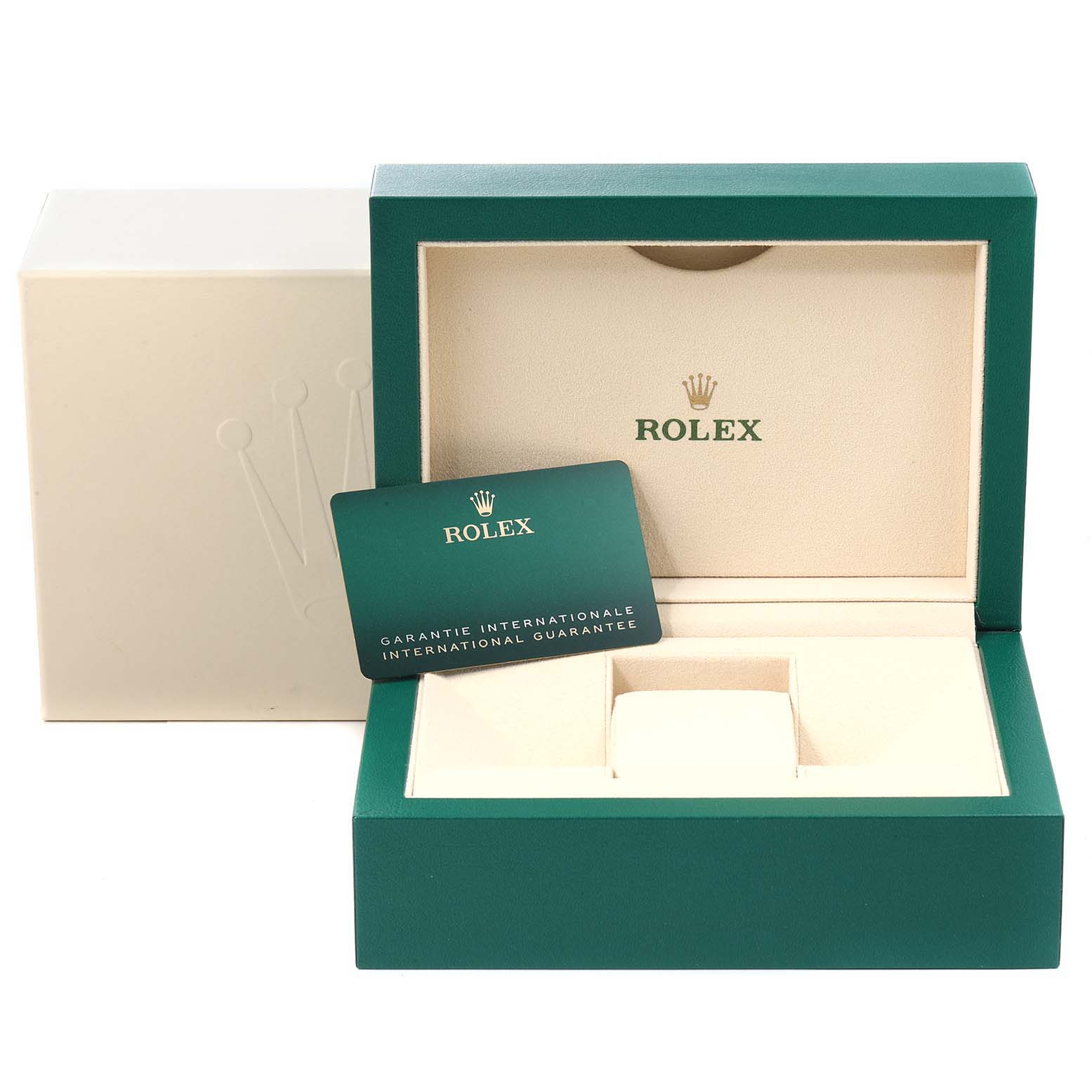The image shows an open Rolex Oyster Perpetual 124300 Men's Stainless Steel Silver Dial 124300 Men's Stainless Steel Silver Dial watch box and an international guarantee card.