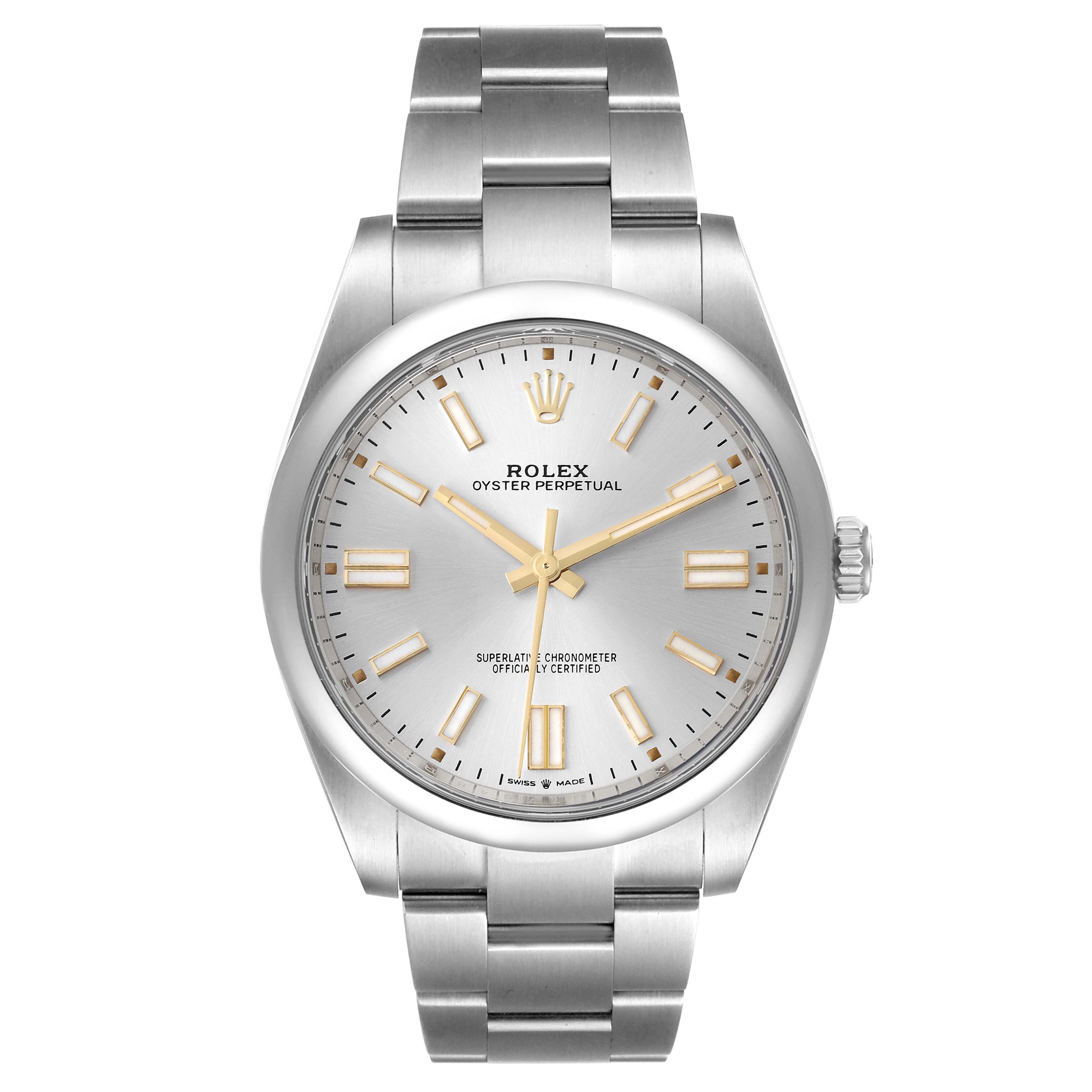 This image shows a frontal view of the Rolex Oyster Perpetual 124300 Men's Stainless Steel Silver Dial 124300 Men's Stainless Steel Silver Dial watch, displaying the dial, hour markers, hands, and bracelet.
