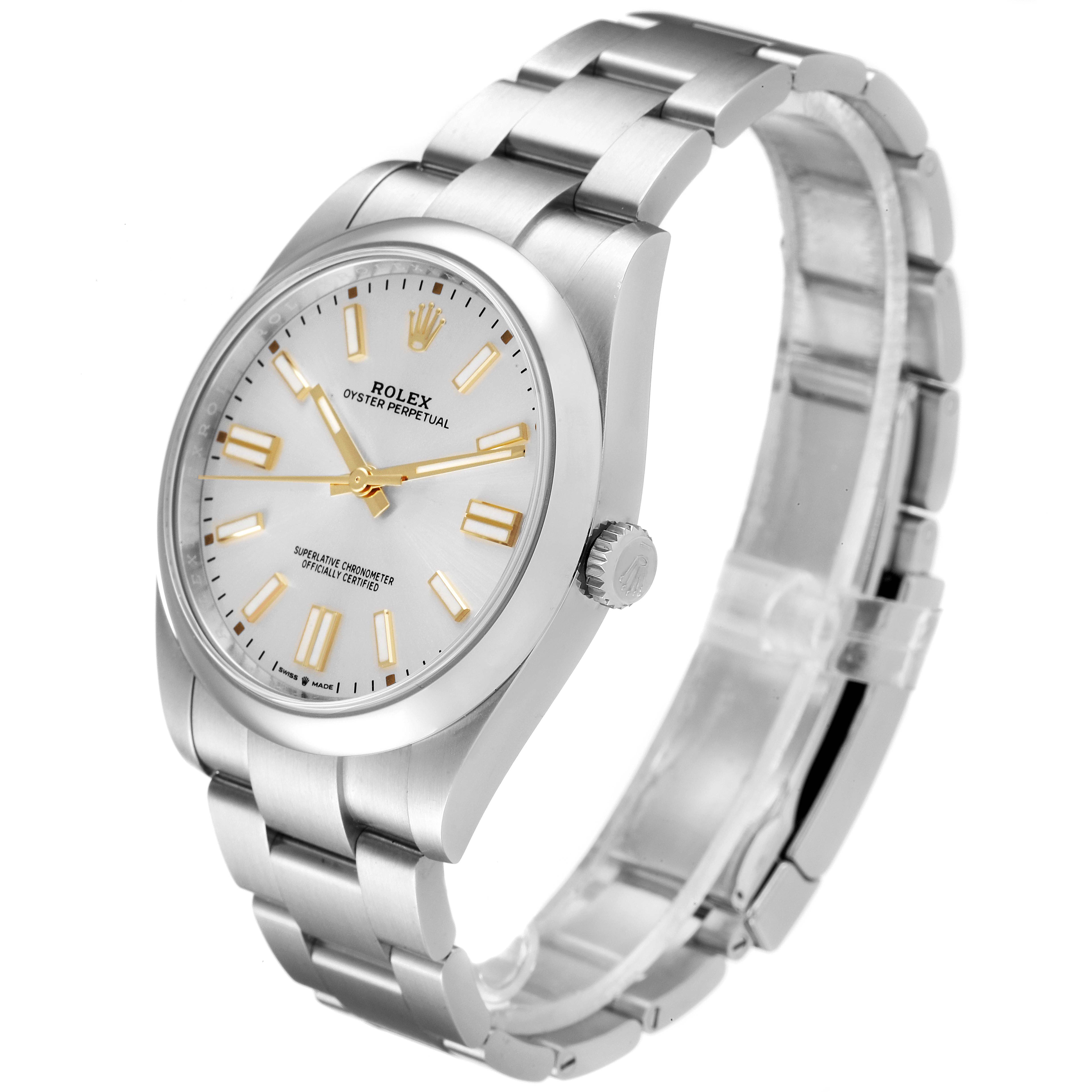 The image shows a Rolex Oyster Perpetual 124300 Men's Stainless Steel Silver Dial 124300 Men's Stainless Steel Silver Dial watch at a slight side angle, highlighting its face, bezel, crown, and bracelet.