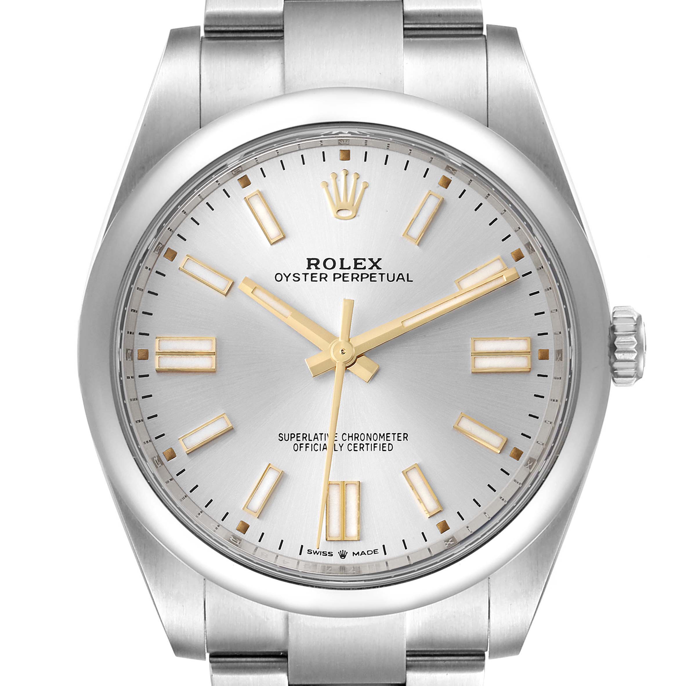 The image shows a front view of a Rolex Oyster Perpetual 124300 Men's Stainless Steel Silver Dial 124300 Men's Stainless Steel Silver Dial watch with a silver dial and gold hour markers.