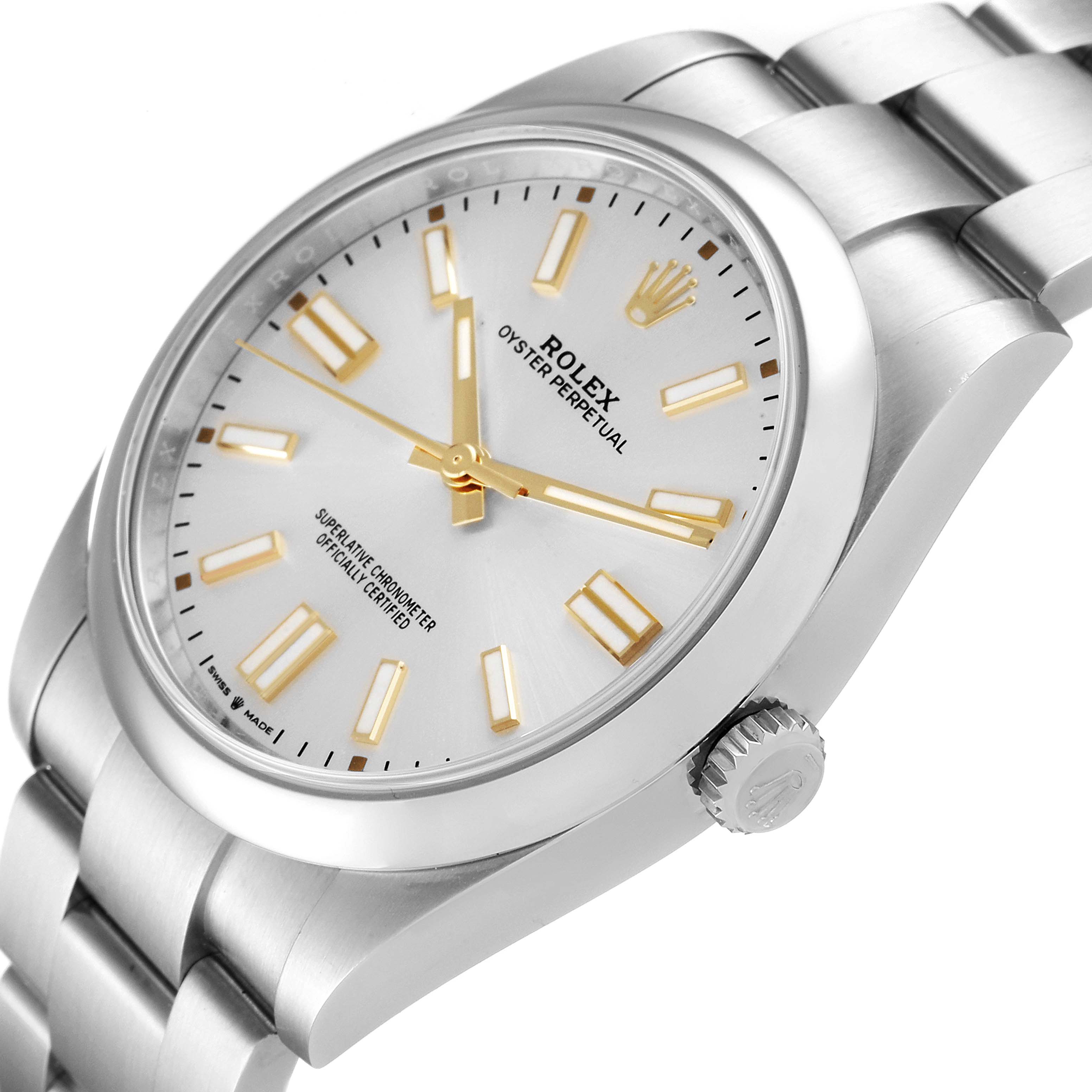 The image shows a Rolex Oyster Perpetual 124300 Men's Stainless Steel Silver Dial 124300 Men's Stainless Steel Silver Dial watch from an oblique angle, highlighting the dial, crown, and part of the bracelet.