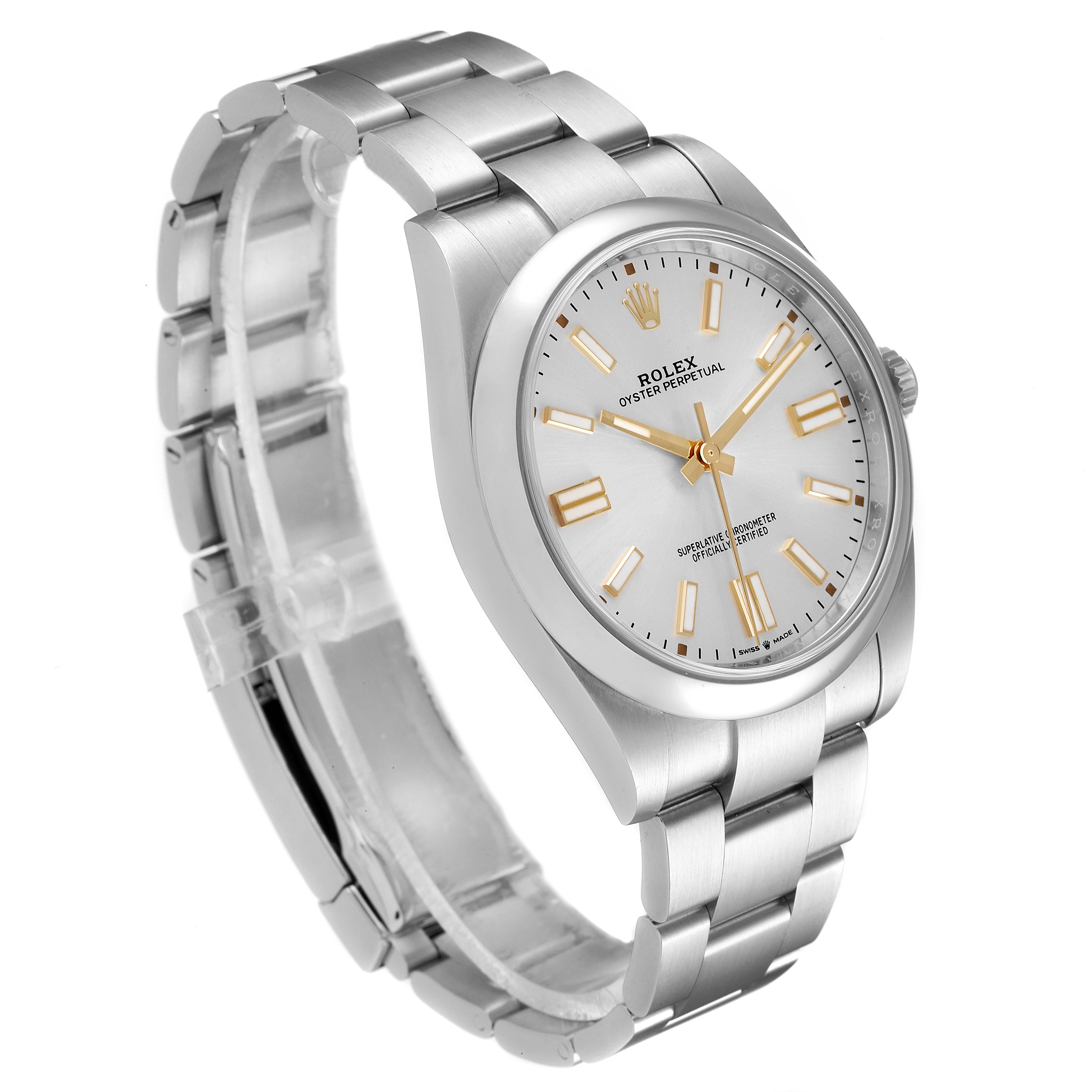 The image shows a Rolex Oyster Perpetual 124300 Men's Stainless Steel Silver Dial 124300 Men's Stainless Steel Silver Dial watch from an angled side view, highlighting its dial, bracelet, and clasp.