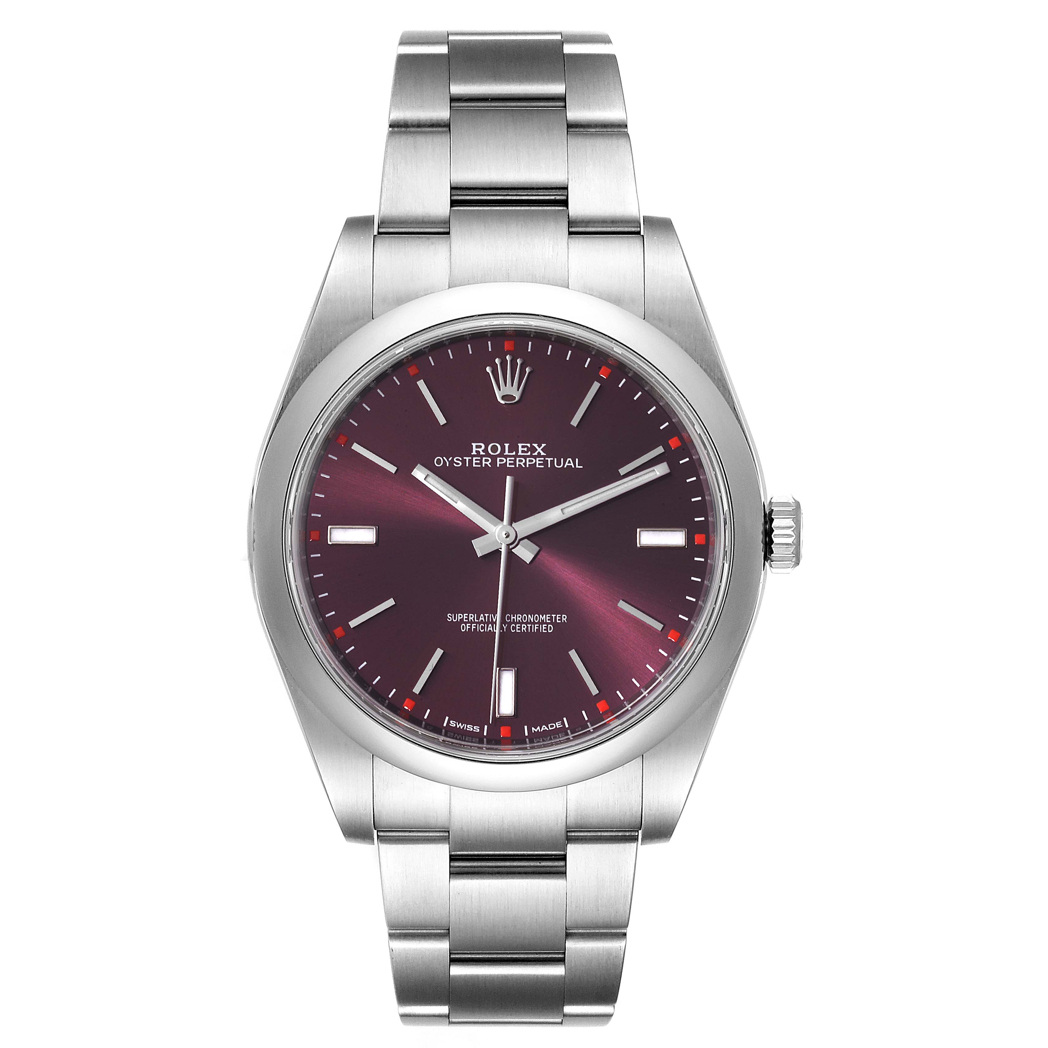 The image shows a front-facing view of a Rolex Oyster Perpetual 114300 Men's Stainless Steel Burgundy Dial 114300 Men's Stainless Steel Burgundy Dial watch, displaying its face, bezel, and bracelet.